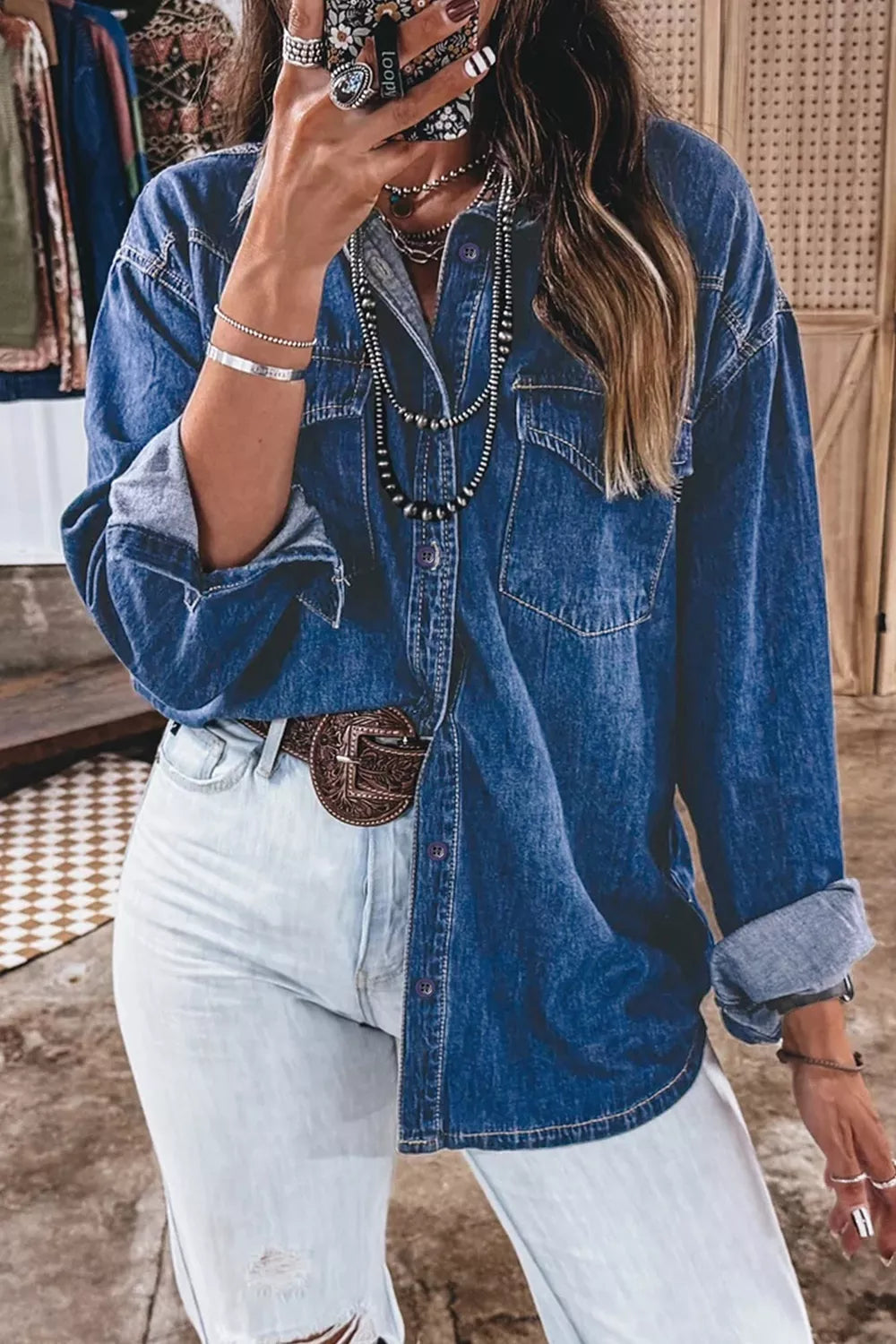 Western Patch-Pocket Denim Tunic in Dusty Blue