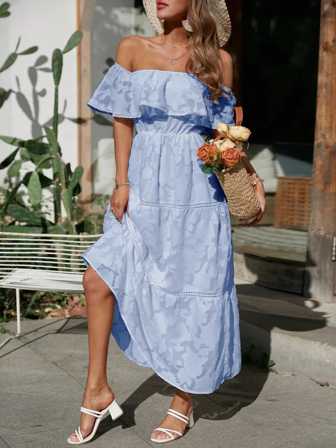 Ruched Off-Shoulder Midi Dress by Golden Gueen