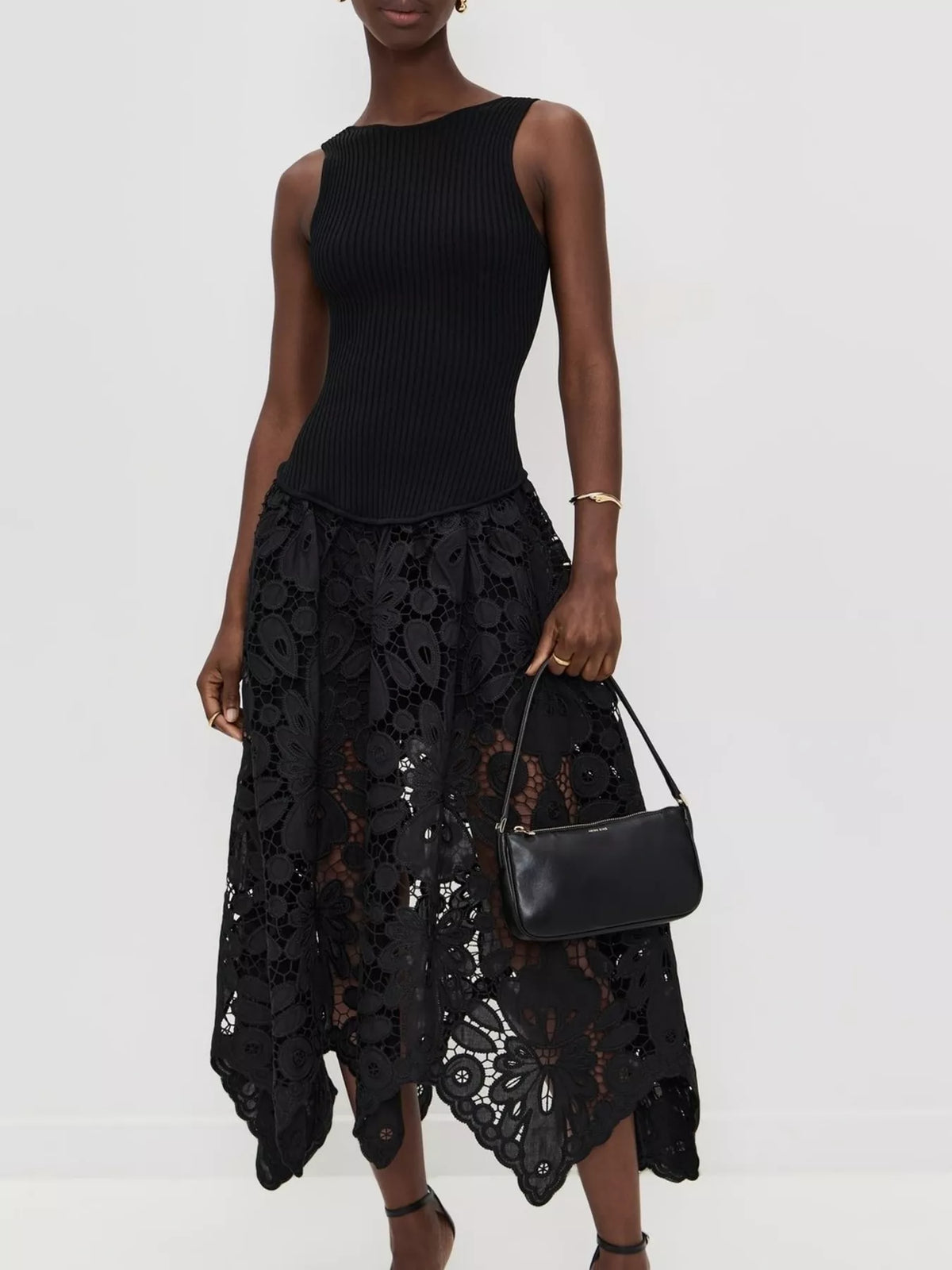 Ribbed Crochet Midi Dress in Black