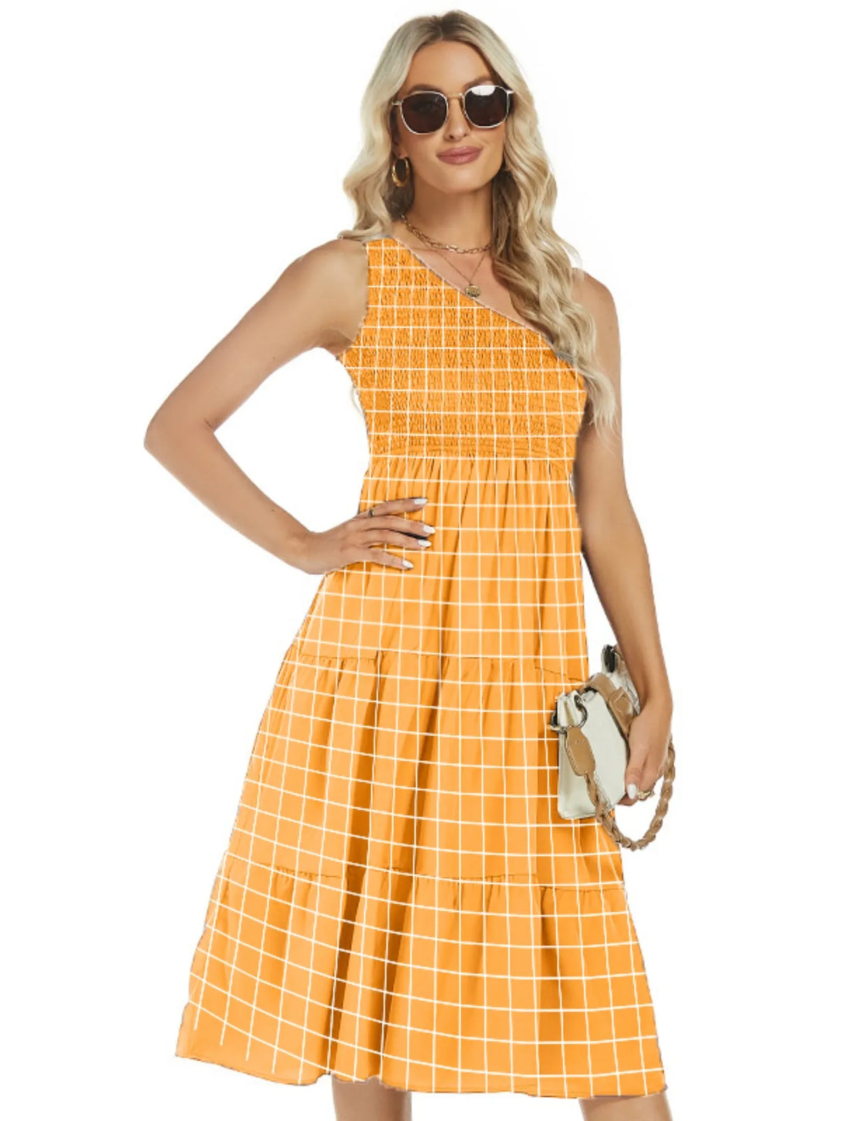 One-Shoulder Smocked Tiered Midi Dress by ArtisticExpression