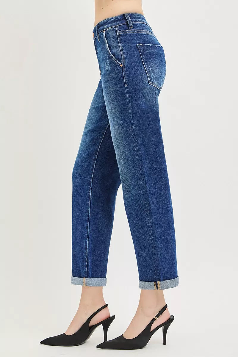 Risen Slouchy Cropped Boyfriend Jeans in Dark Wash