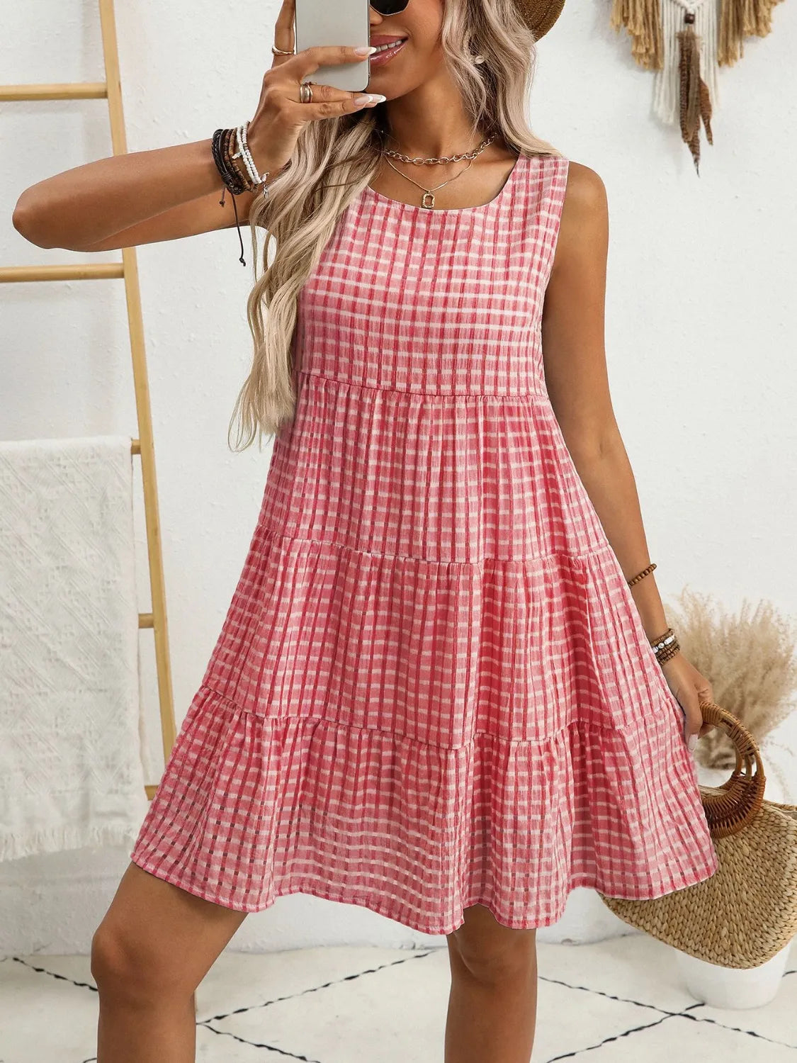 Plaid Round Neck Mini Dress