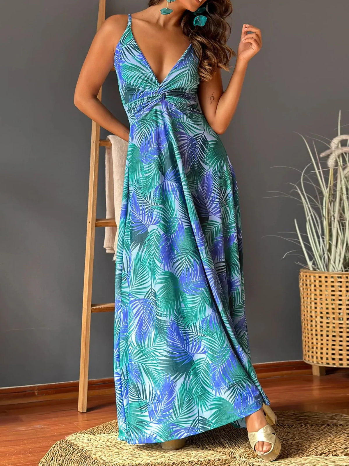 Twisted V-Neck Tropical Maxi Dress