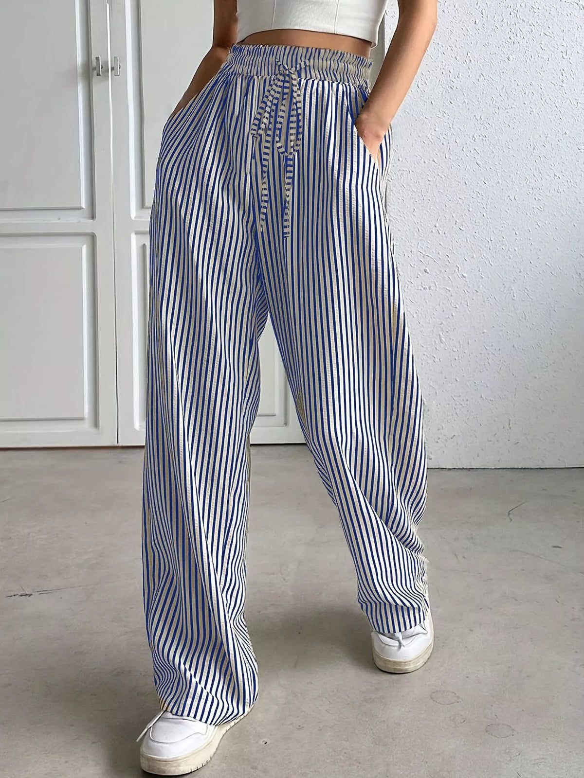 Striped Drawstring Wide Leg Pants