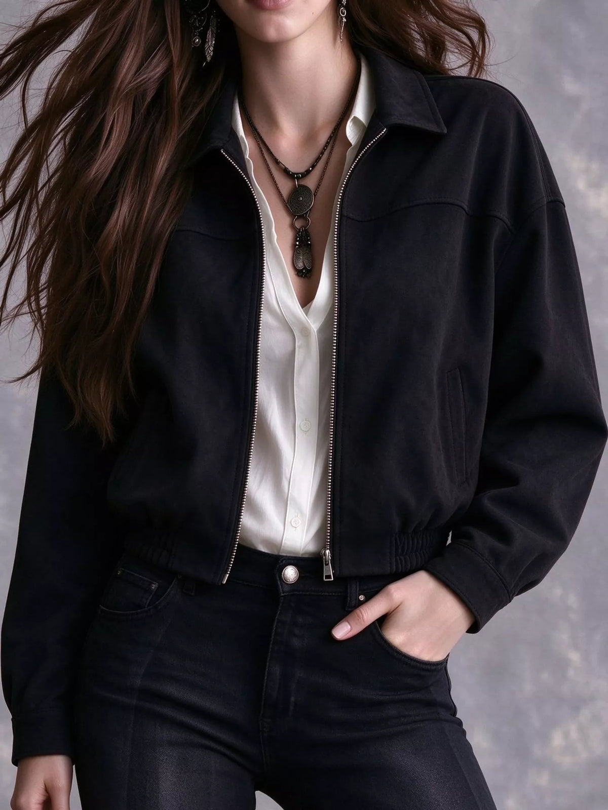 Zip-Up Bomber Jacket in Black
