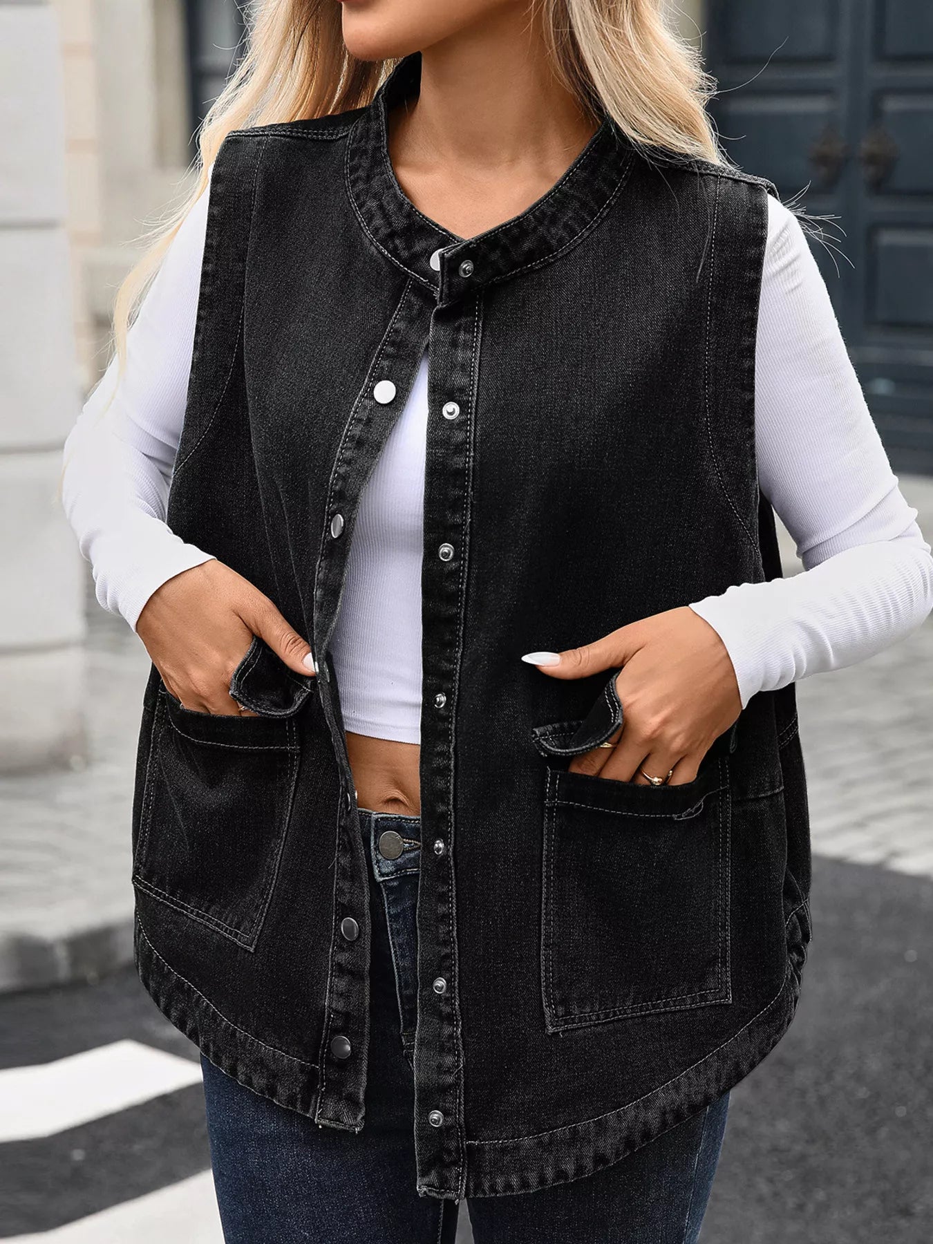 Snap-Down Sleeveless Denim Jacket by Moni Wear
