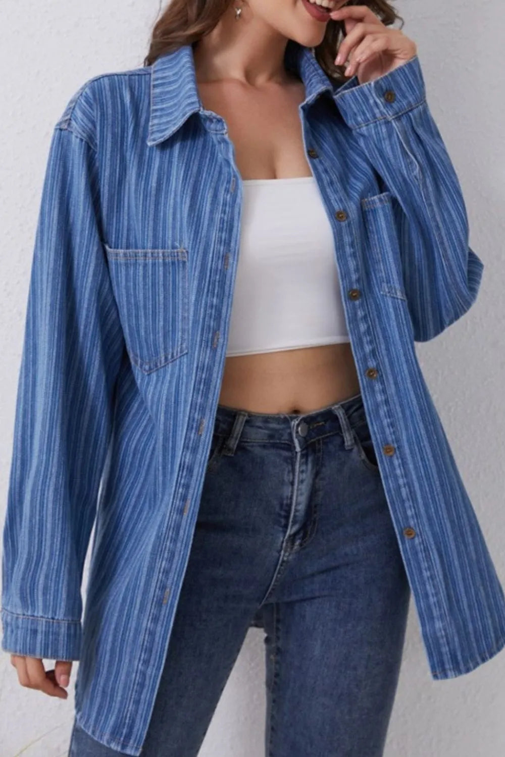 Striped Collared Denim Top in Medium Wash by Y.Y@Denim