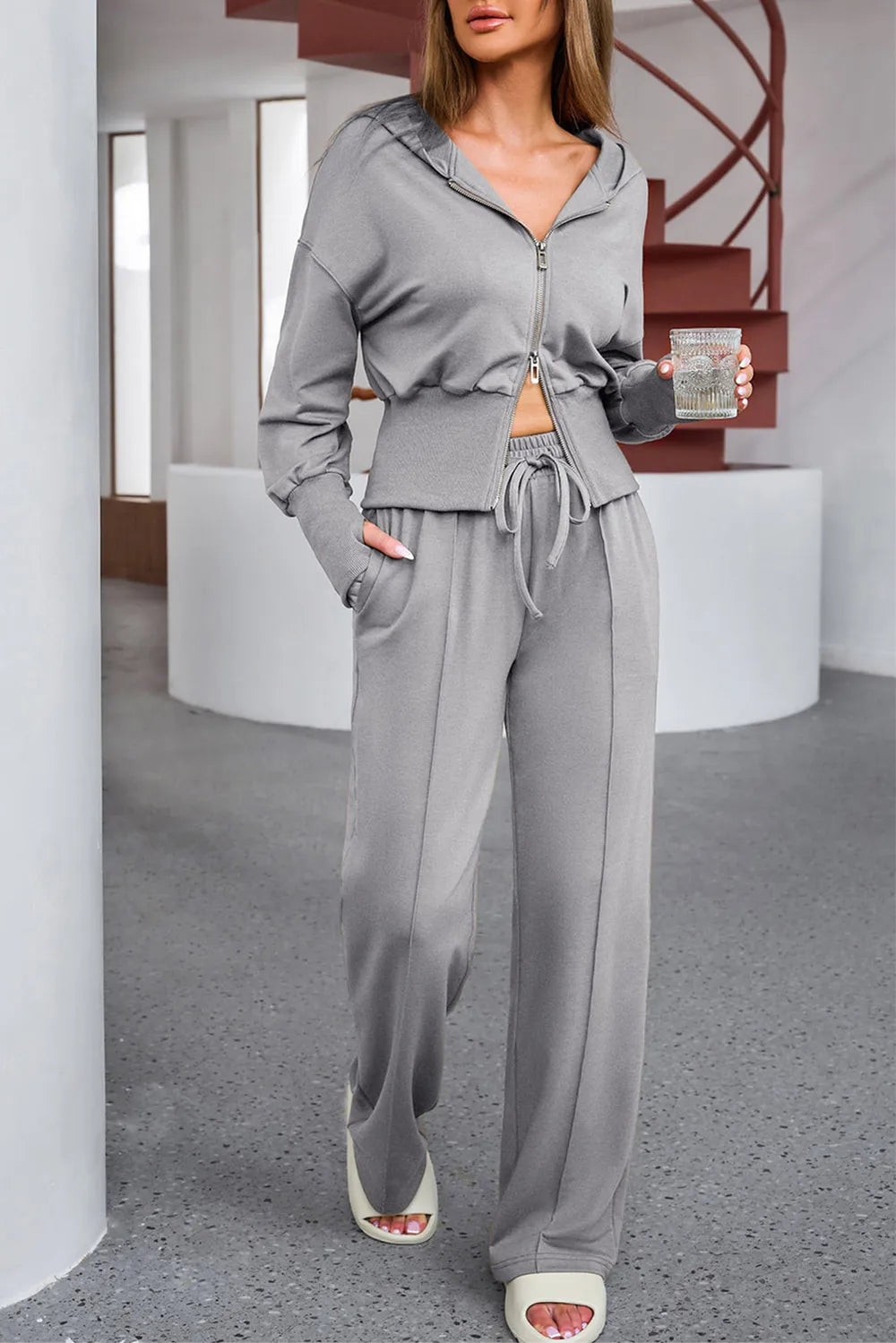 Dropped Shoulder Hoodie & Drawstring Pants Set in Dark Gray