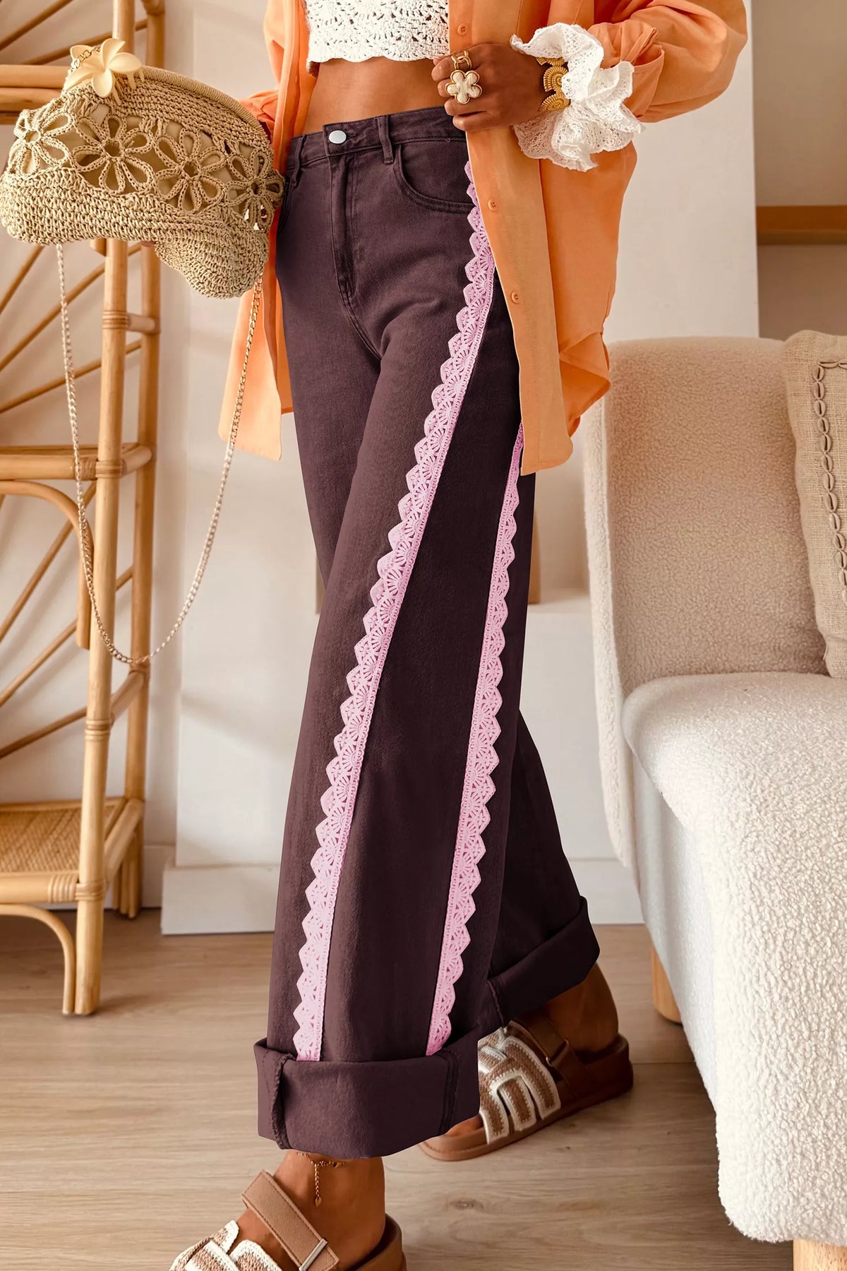 Lace Trim Straight Jeans in Coffee Brown