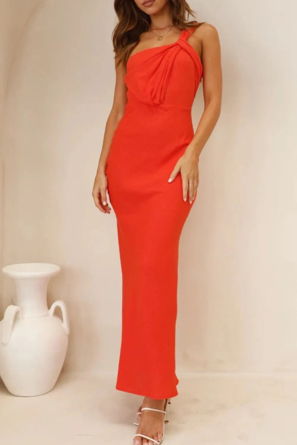 Ruched Single Shoulder Maxi Dress in Orange-Red
