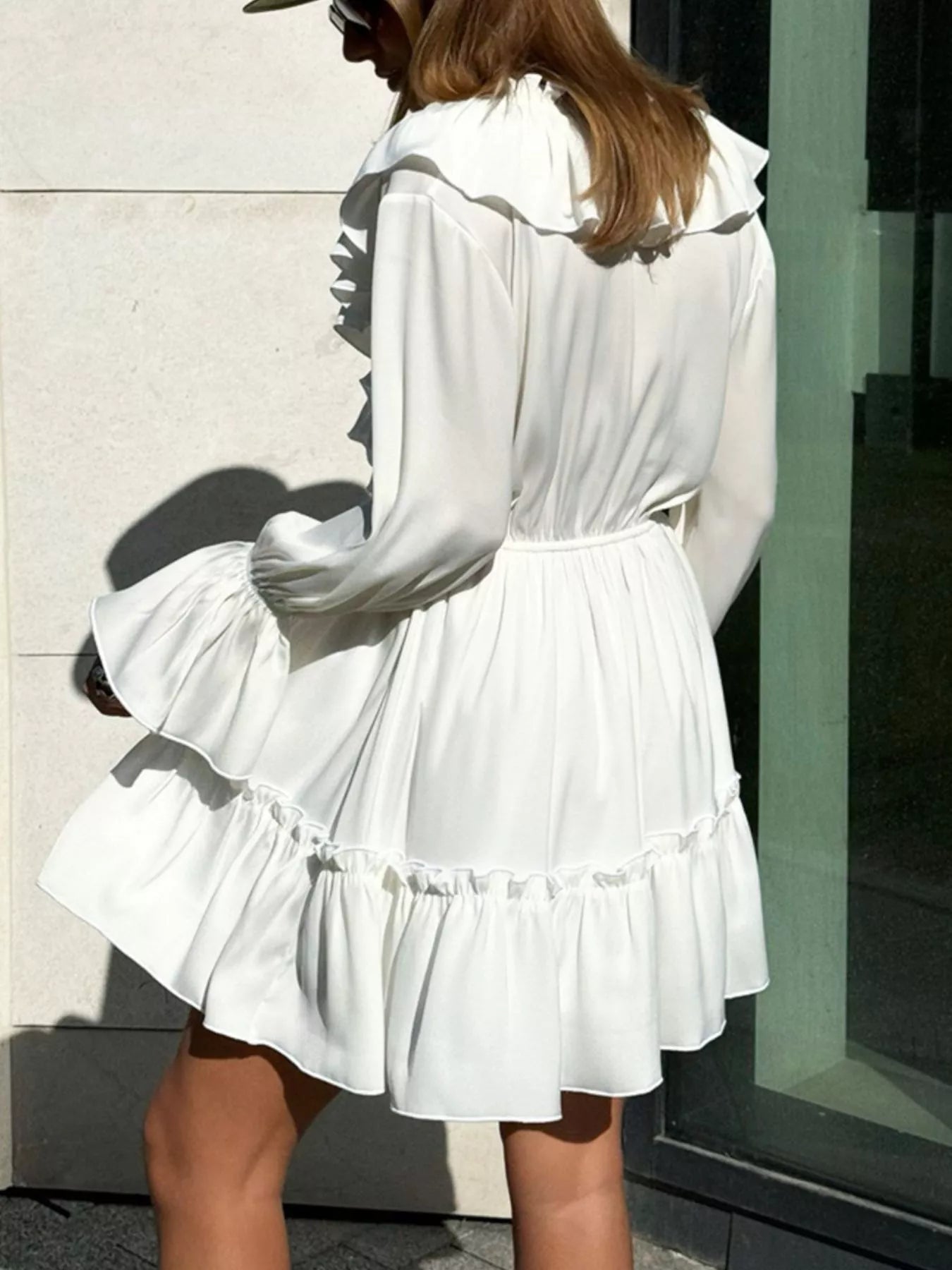 Ruffled V-Neck Long-Sleeve Mini Dress
