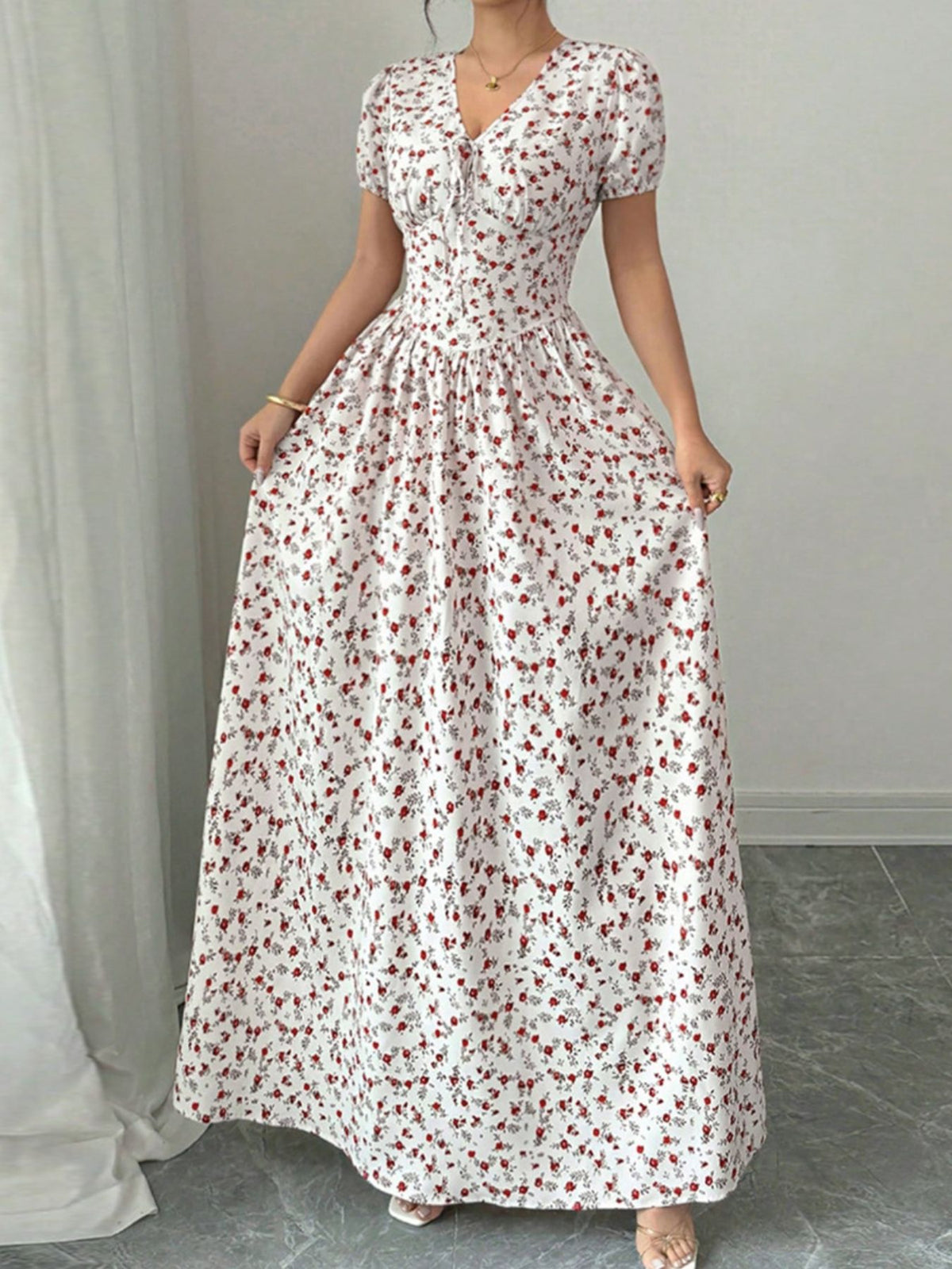 Floral Print V-Neck Maxi Dress in Pink