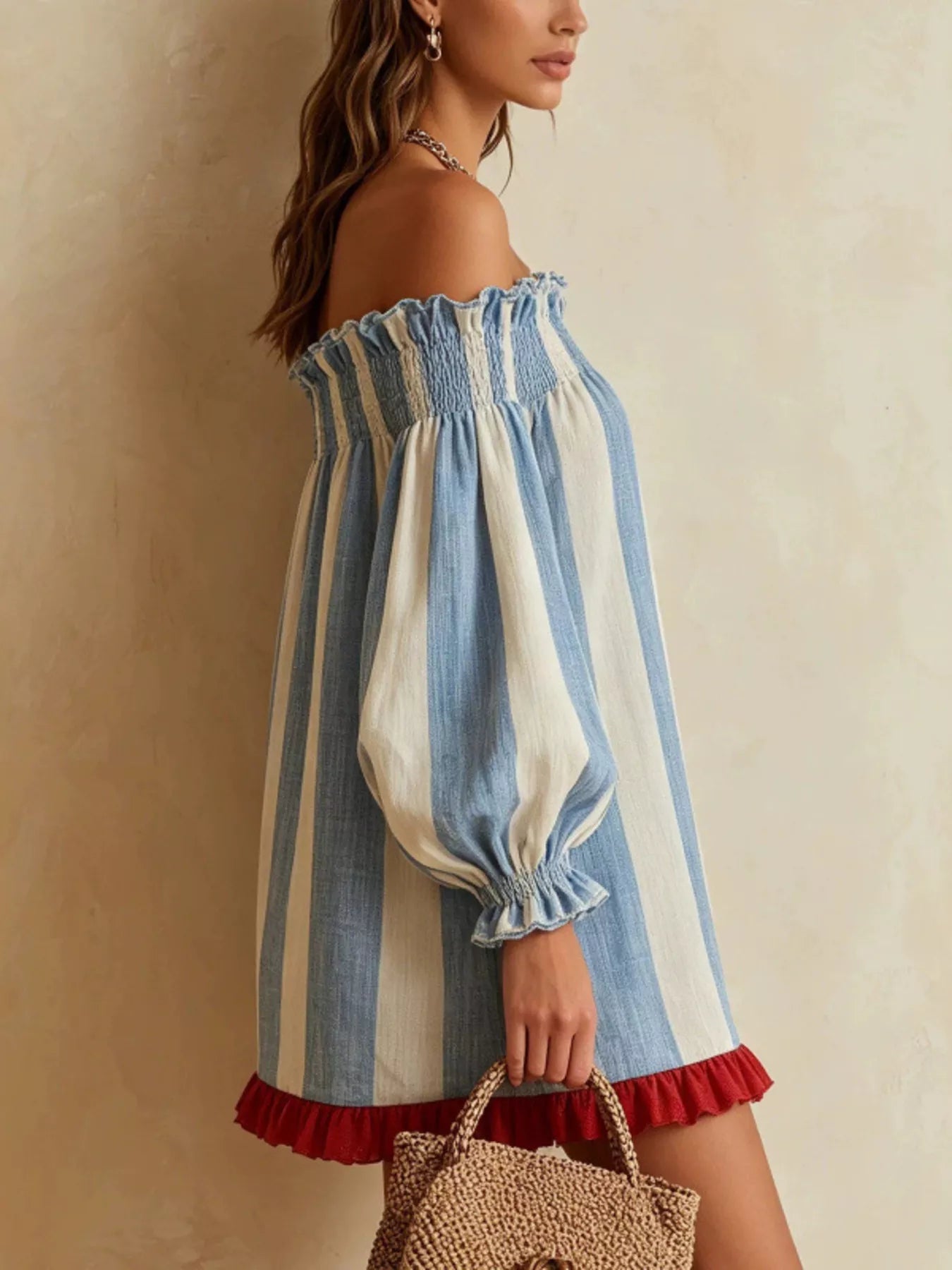 Striped Off-Shoulder Ruffle-Hem Mini Dress in Sky Blue