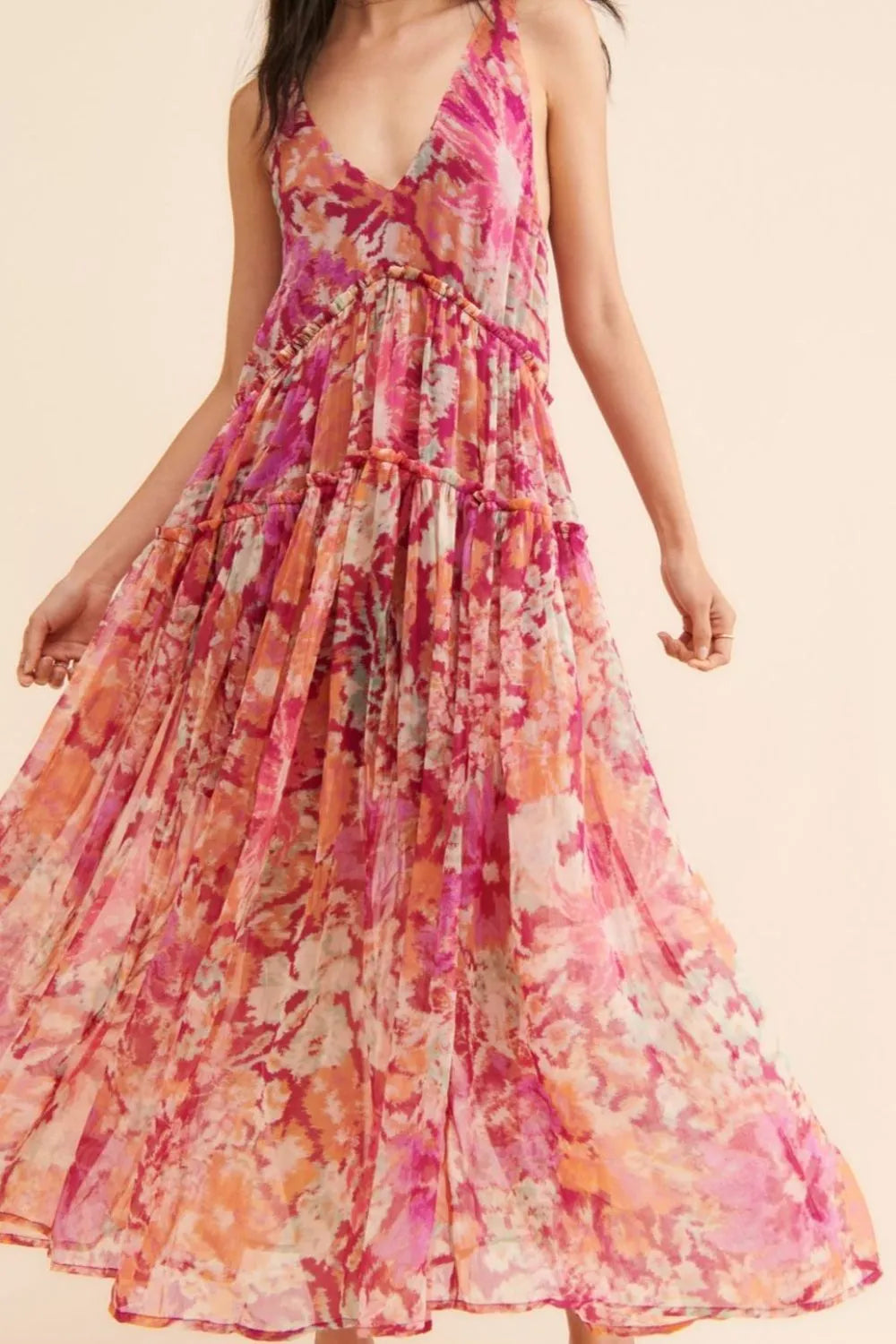 Frill V-Neck Midi Dress in Multicolor