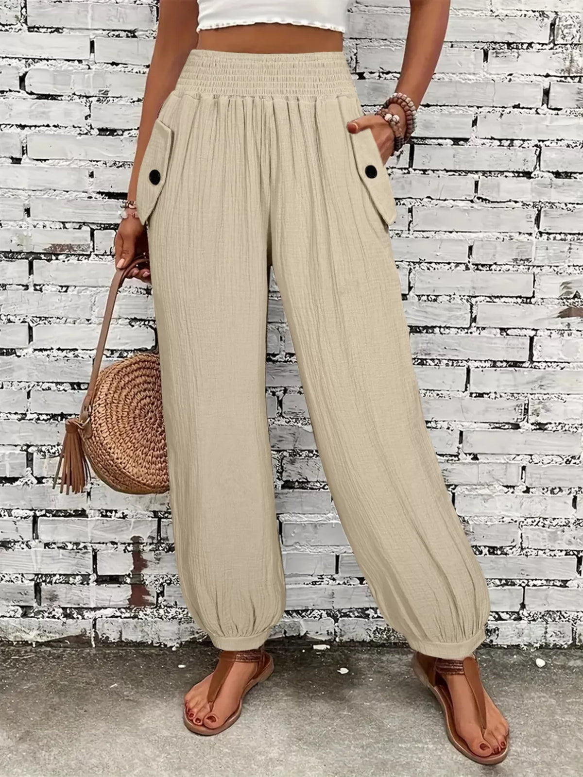 Smocked Textured Casual Pants in Beige