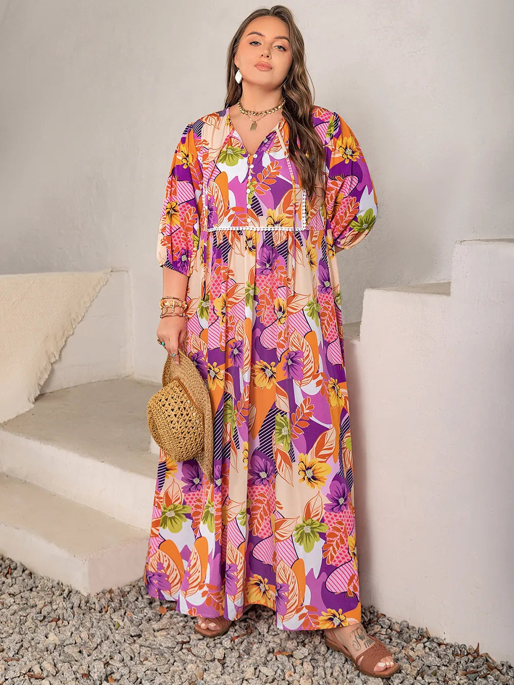 Printed Tie-Neck Maxi Dress in Multicolor
