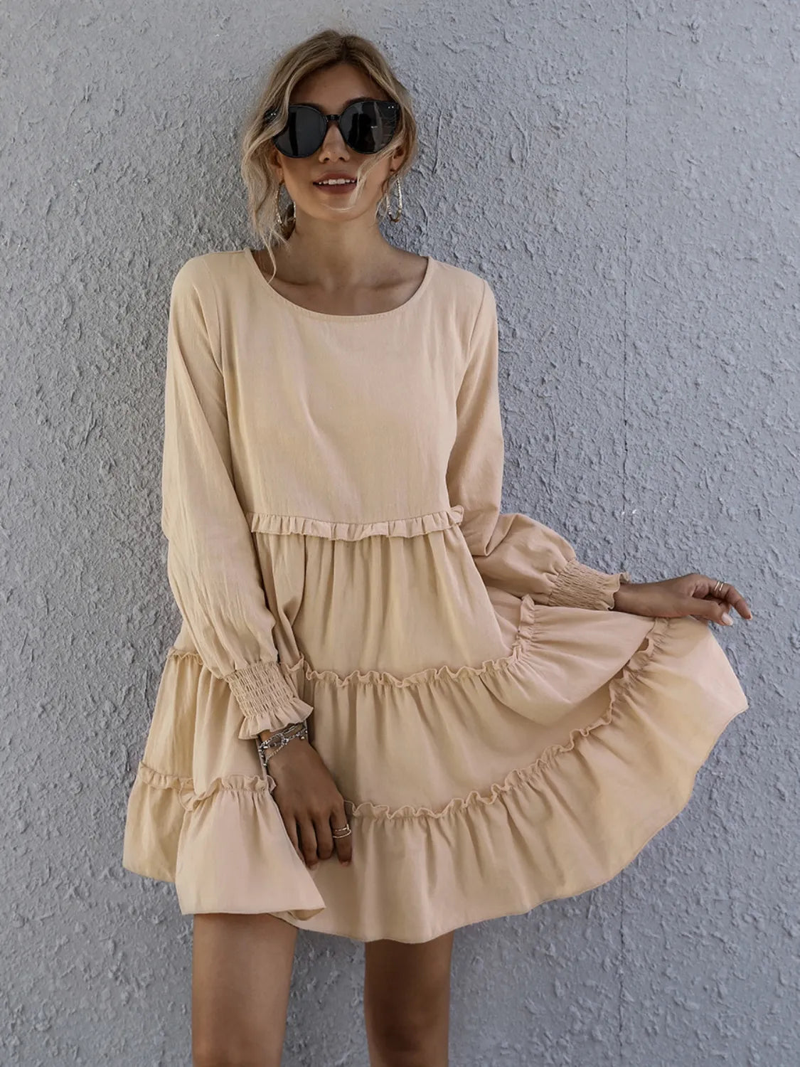 Frill Tiered Long-Sleeve Mini Dress