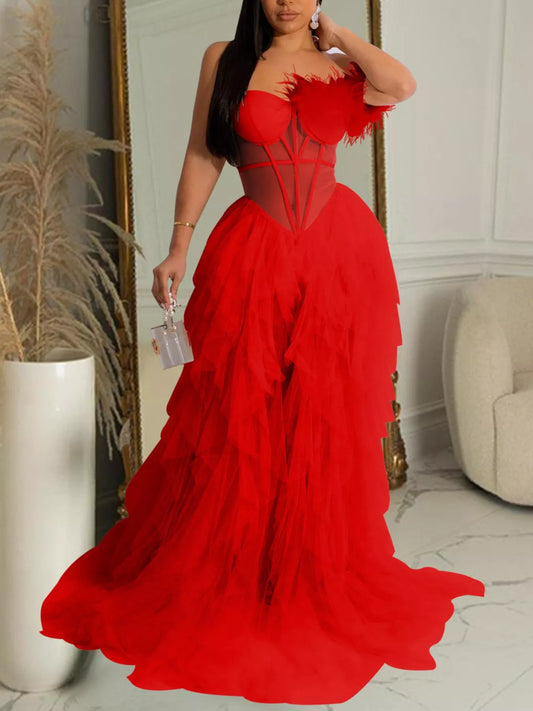 Feathered Corset Tulle Evening Dress