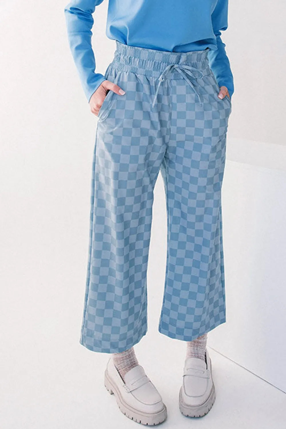 Checkered High-Waist Pants with Drawstring