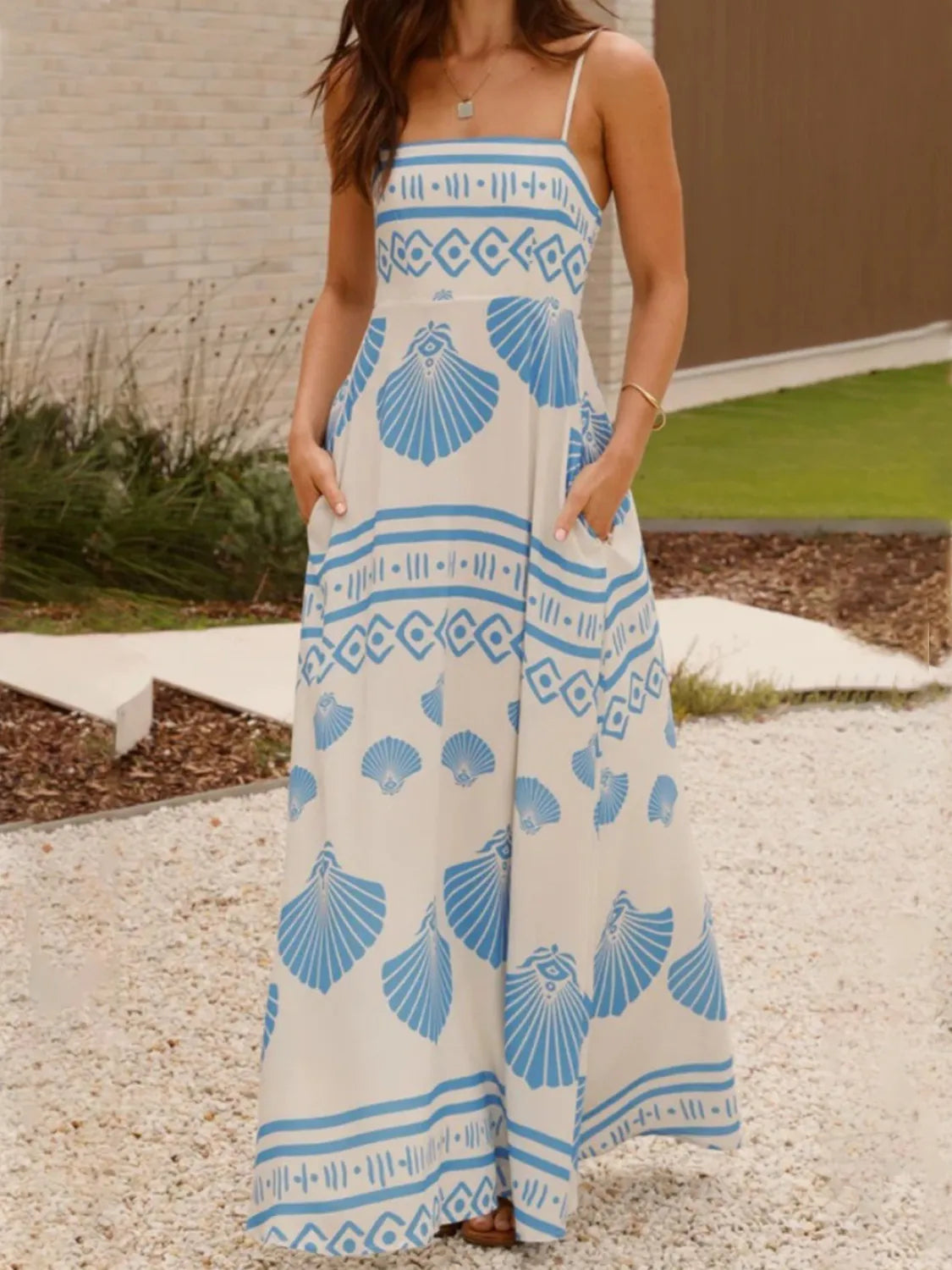 Seashell Print Maxi Dress in Light Blue