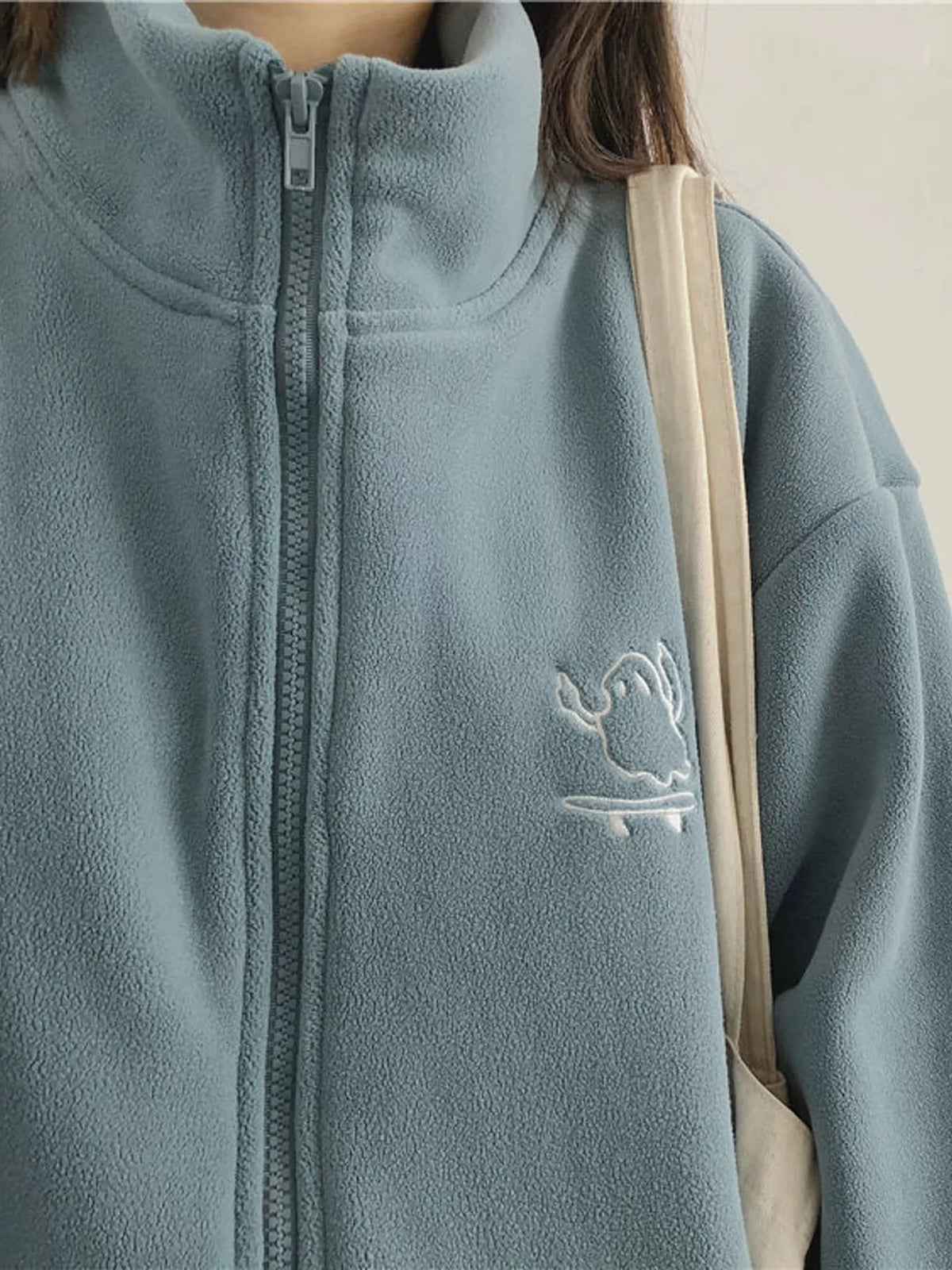 Embroidered Fleece Stand-Collar Jacket