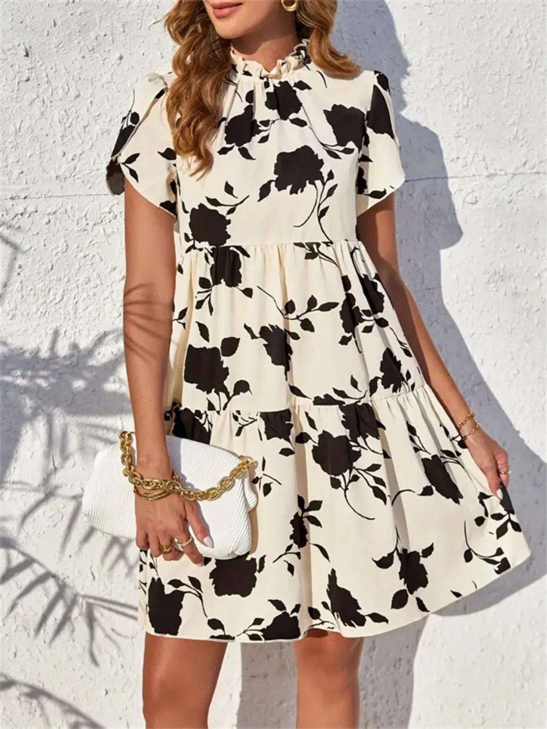 Printed Frill Tiered Mini Dress in Tan