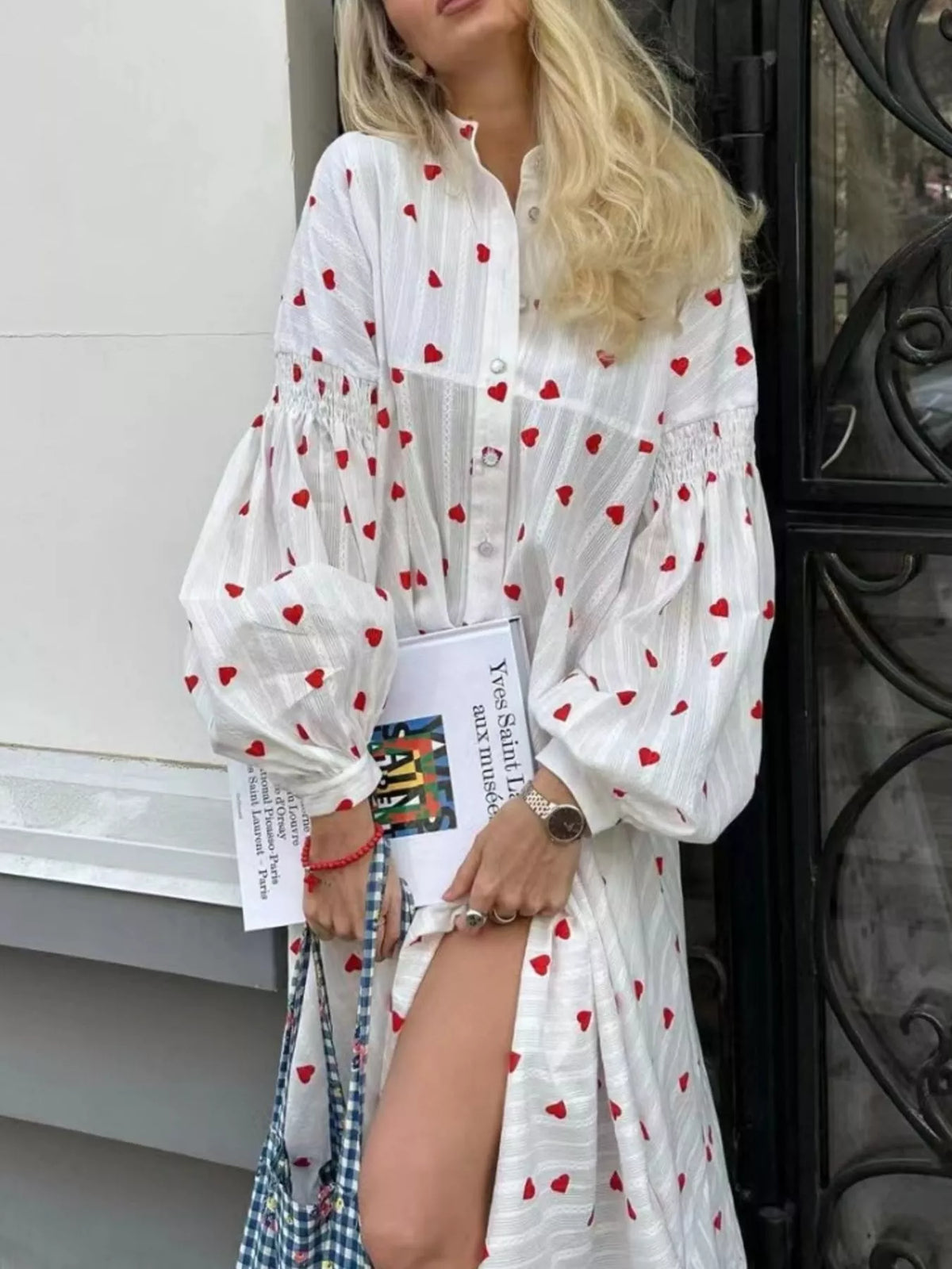 Heart Print Puff Sleeve Maxi Dress in White