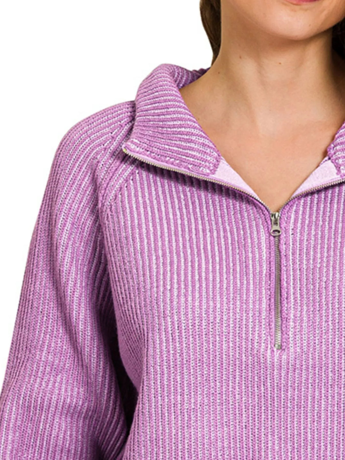 Zenana Ribbed Two-Tone Half-Zip Sweater in Violet and Lavender in B violet/lavender