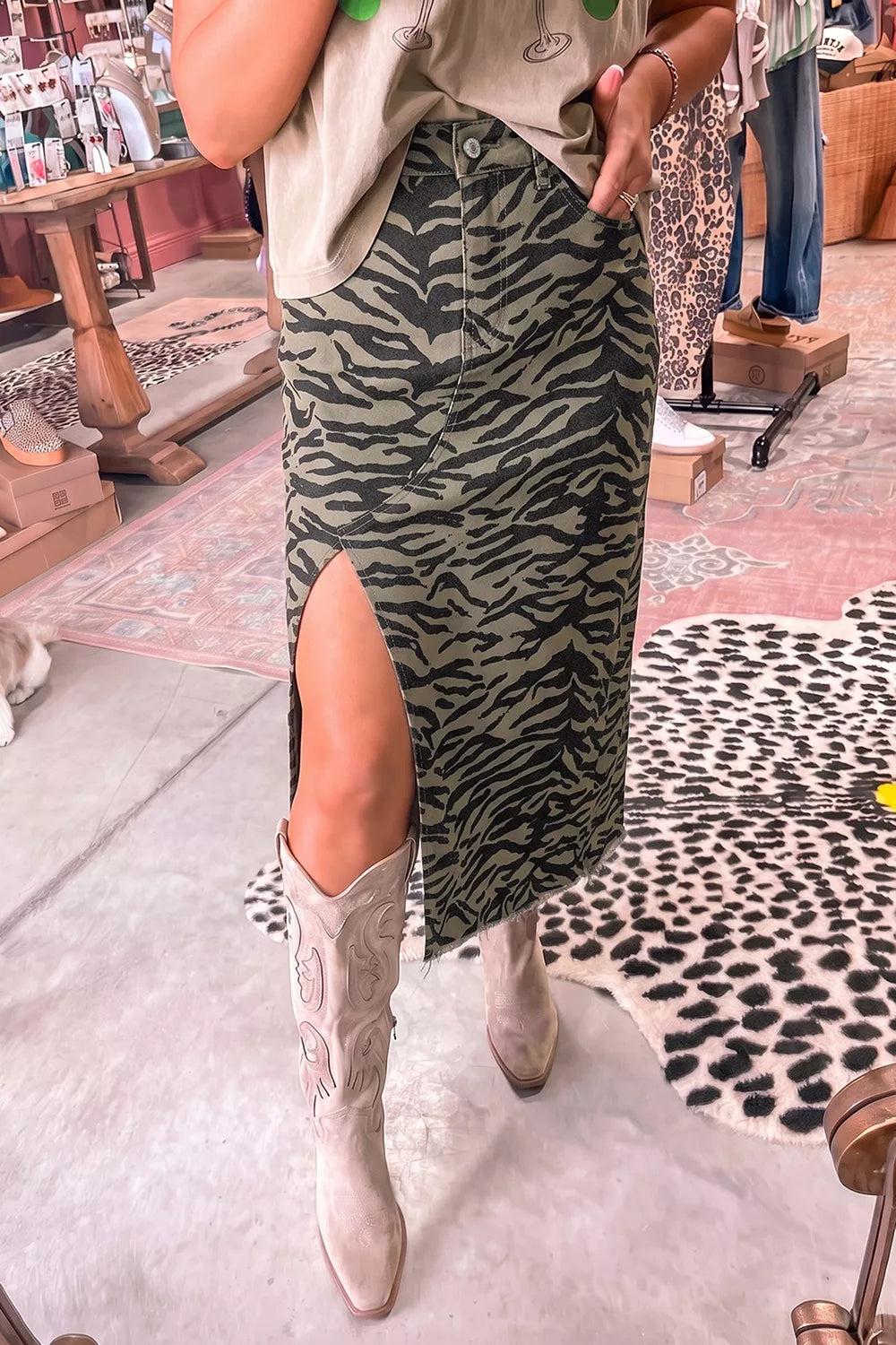 Animal Print Denim Midi Skirt in Army Green