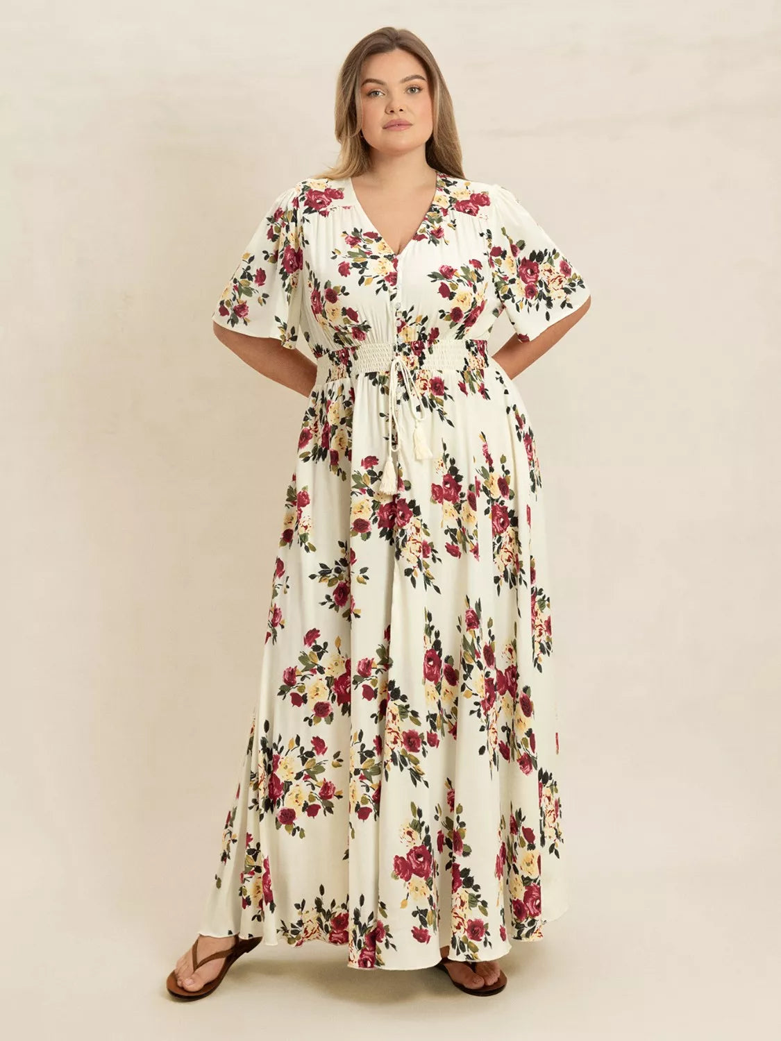 Floral Flutter Sleeve Button Front Maxi Dress in Pastel Yellow