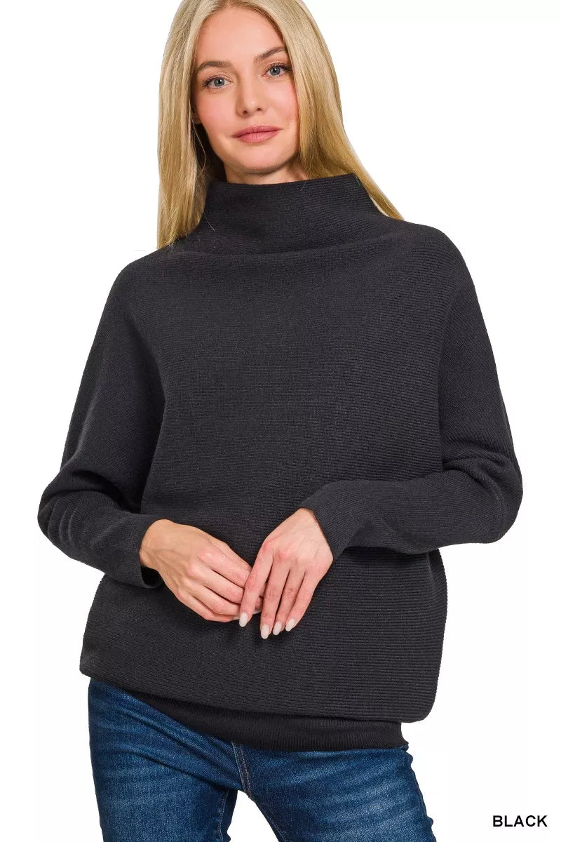 Zenana Dolman Sleeve Mock Neck Sweater in Black