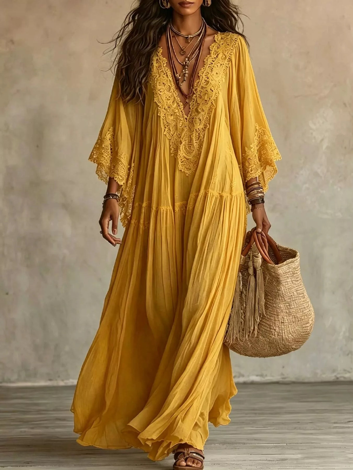 Lace Trim Tiered V-Neck Maxi Dress