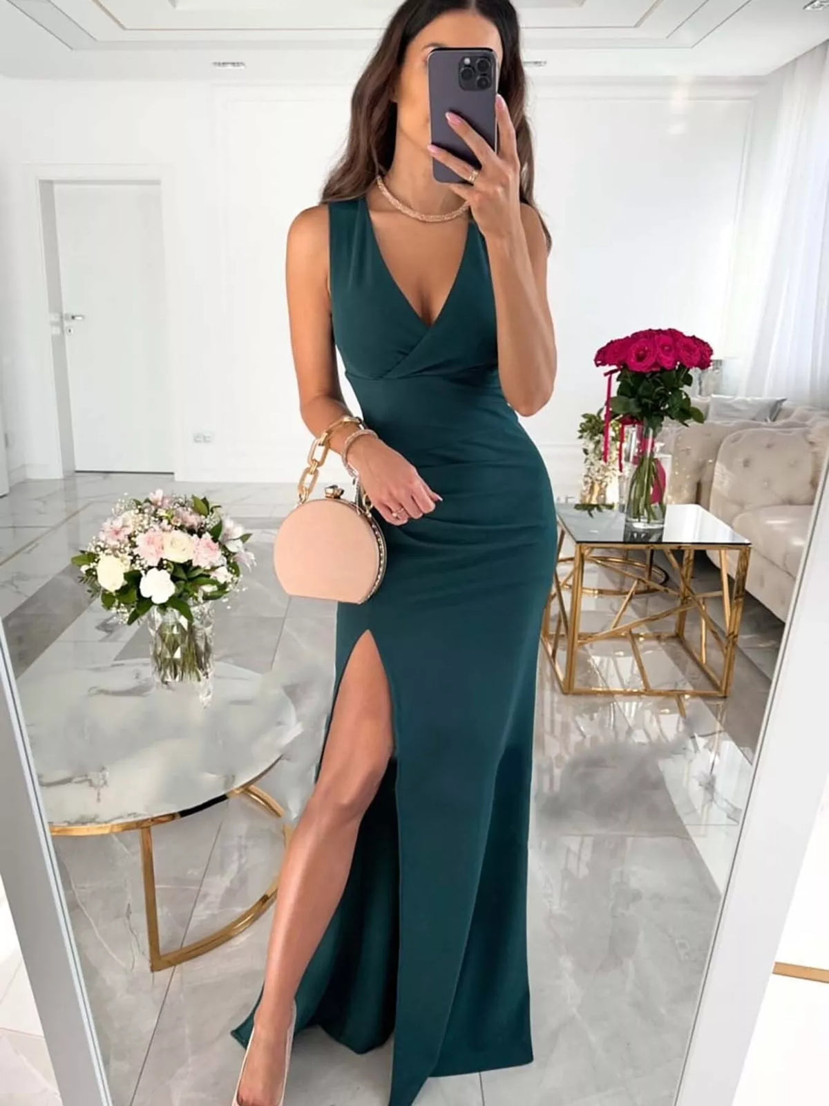 Sleeveless Ruched High Slit Maxi Dress