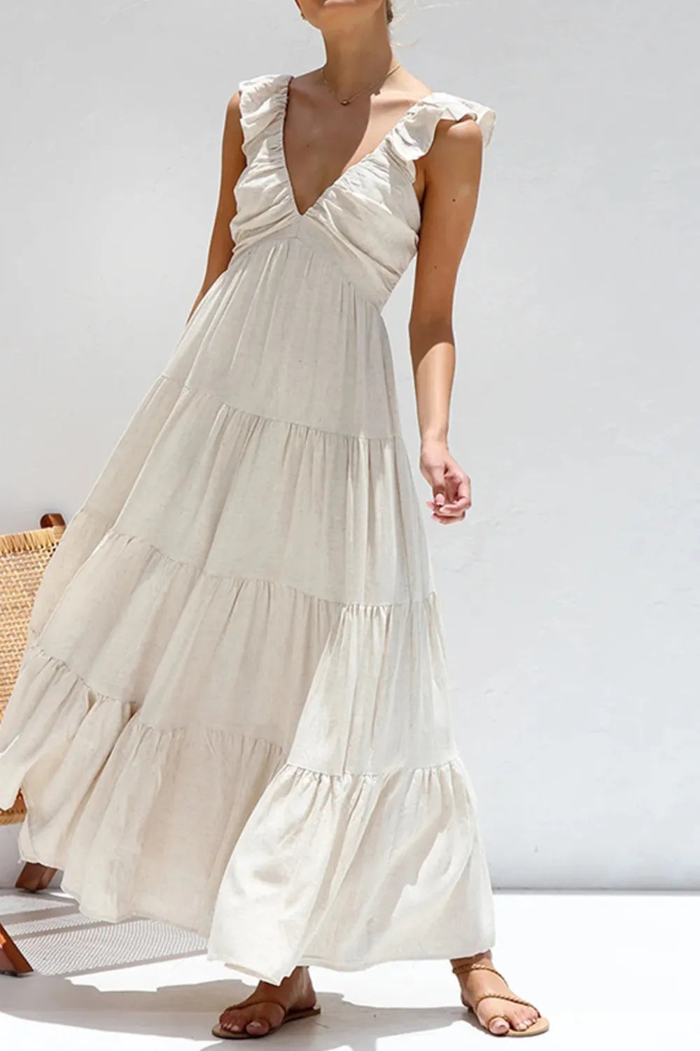 Ruffled V-Neck Tiered Cotton Dress