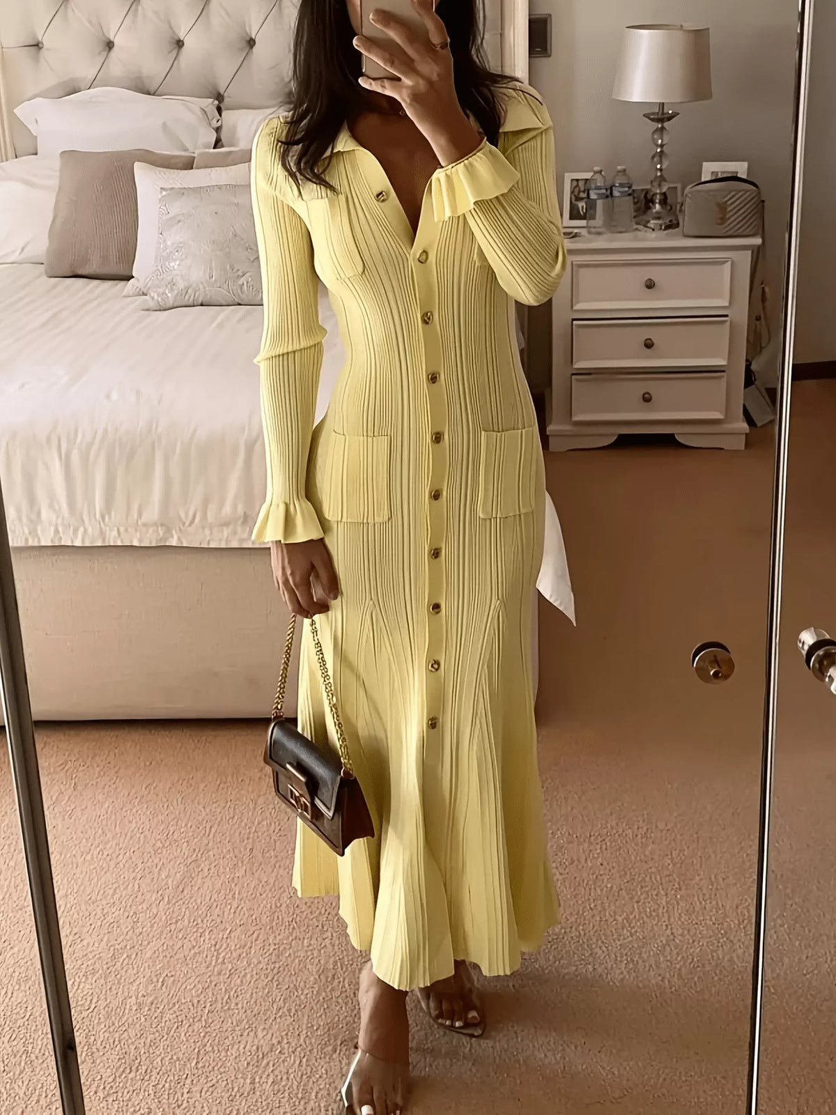 Button-Down Flounce Sleeve Sweater Dress in Pastel Yellow