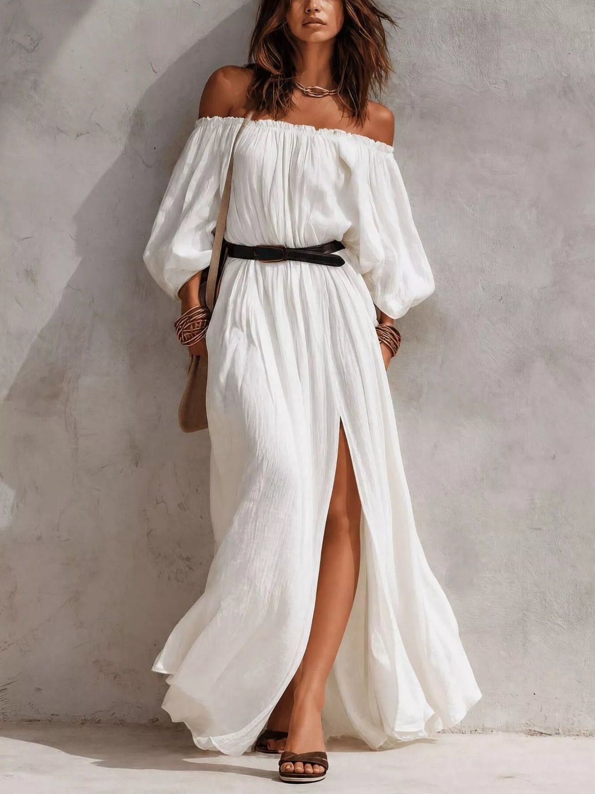 Boho Off-Shoulder Maxi Dress with Side Slit