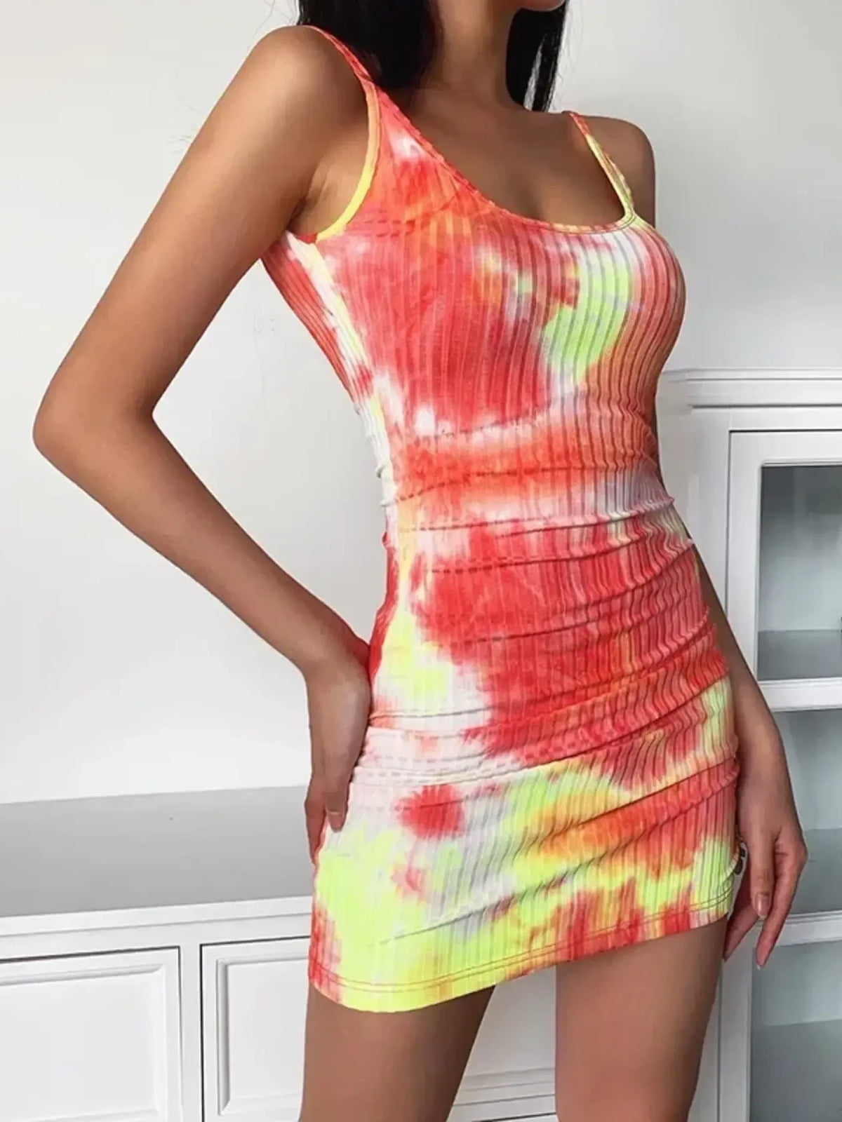 Tie-Dye Ribbed Mini Dress in Coral by ArtisticExpression