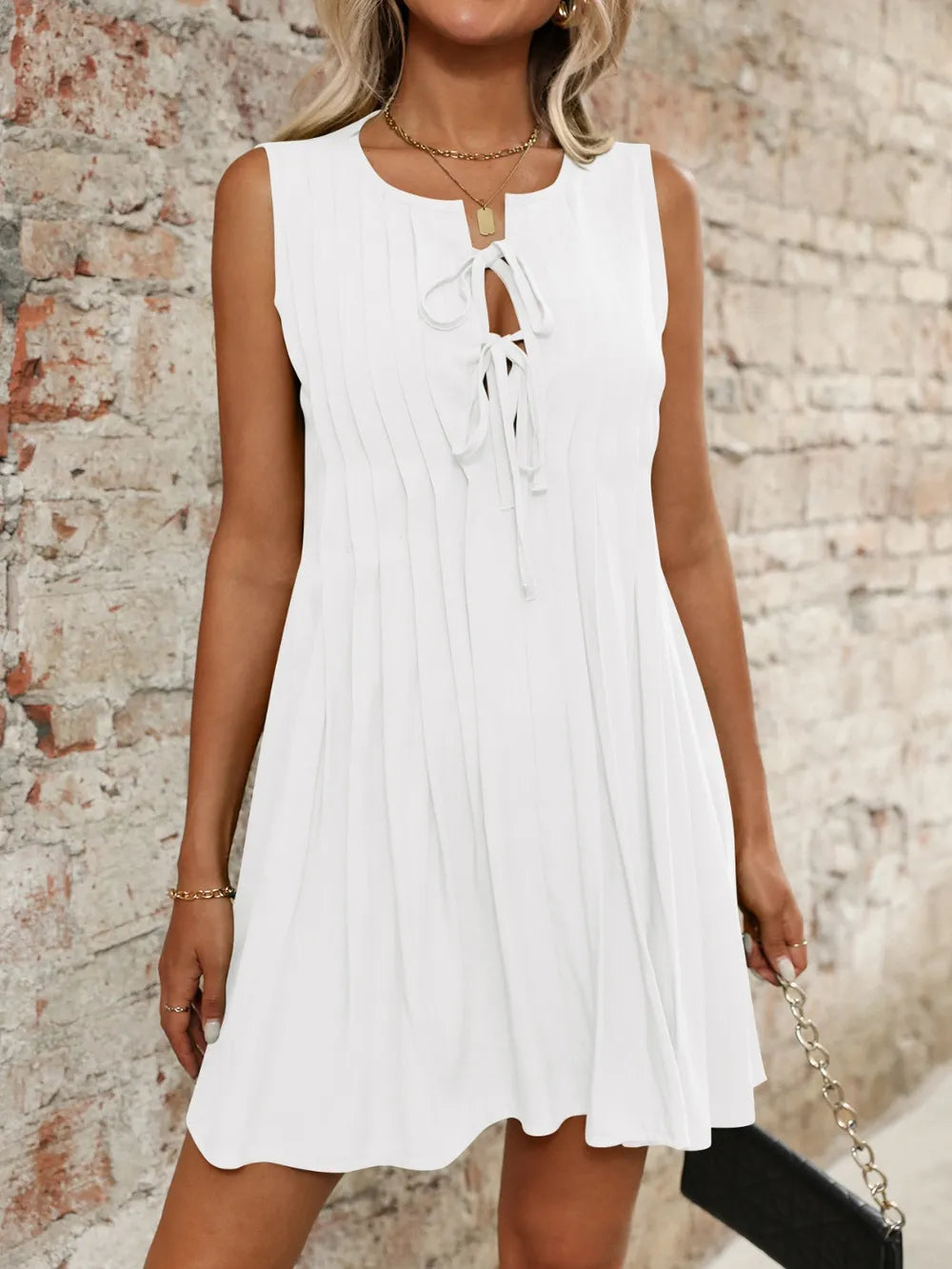 Tied-Front Pleated Mini Dress