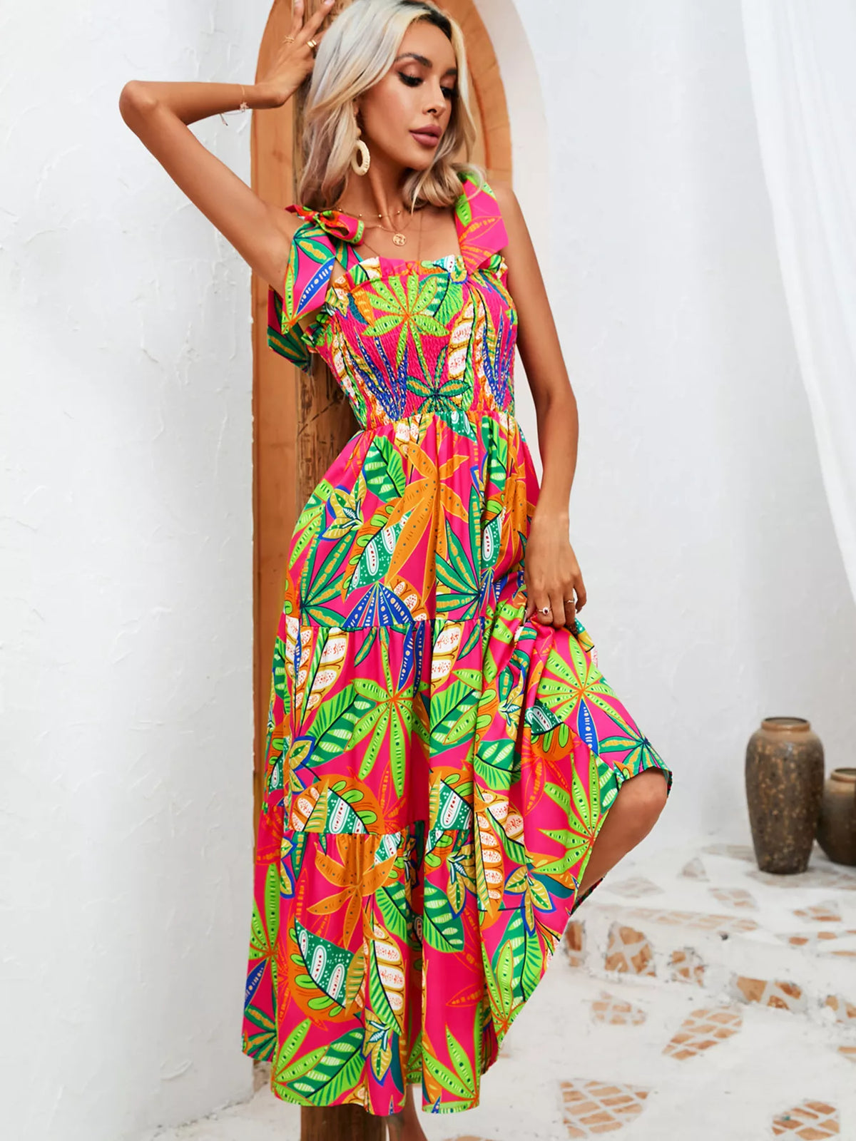 Tropical Print Smocked Tie-Strap Dress in Green