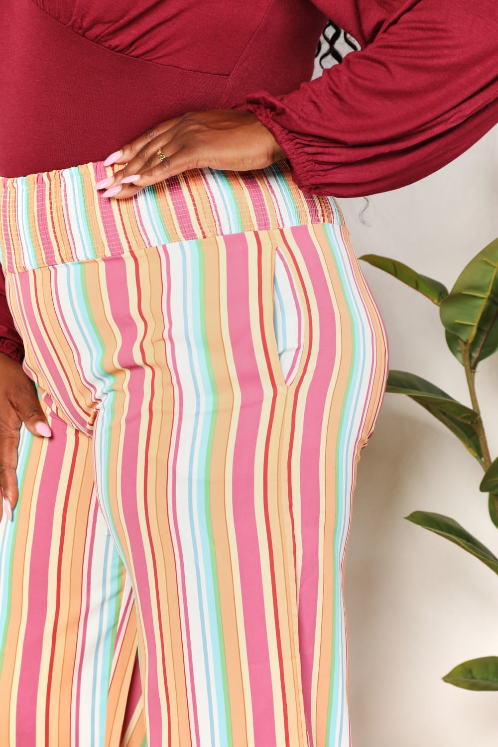 Double Take Striped Smocked Waist Pants with Pockets in Multicolor