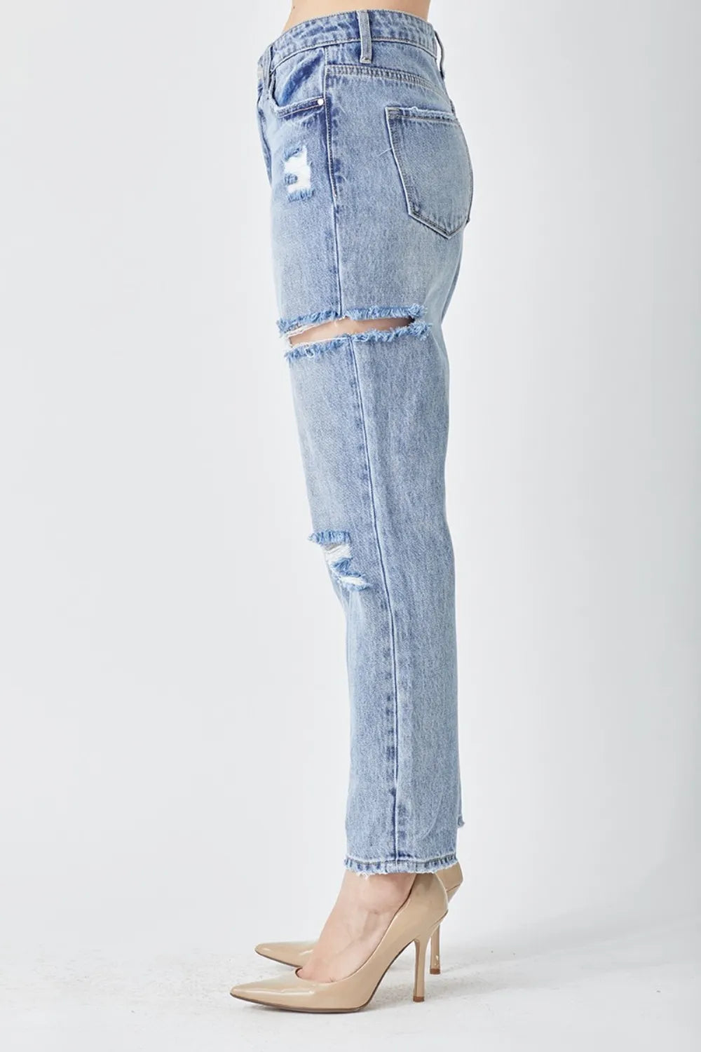 Risen Washed Distressed Slim Cropped Jeans in Medium