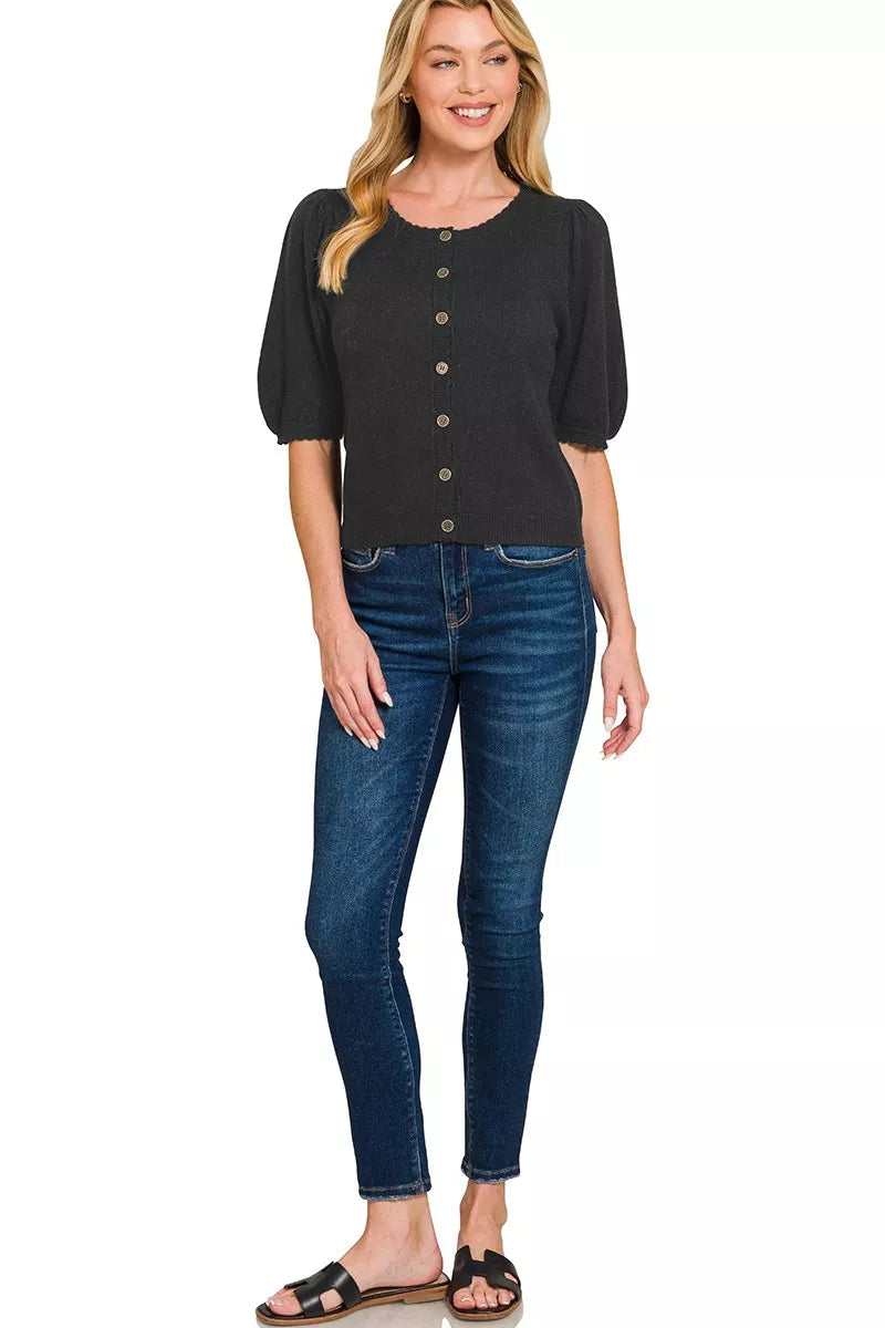 Zenana Puff Sleeve Wool Cardigan in Black