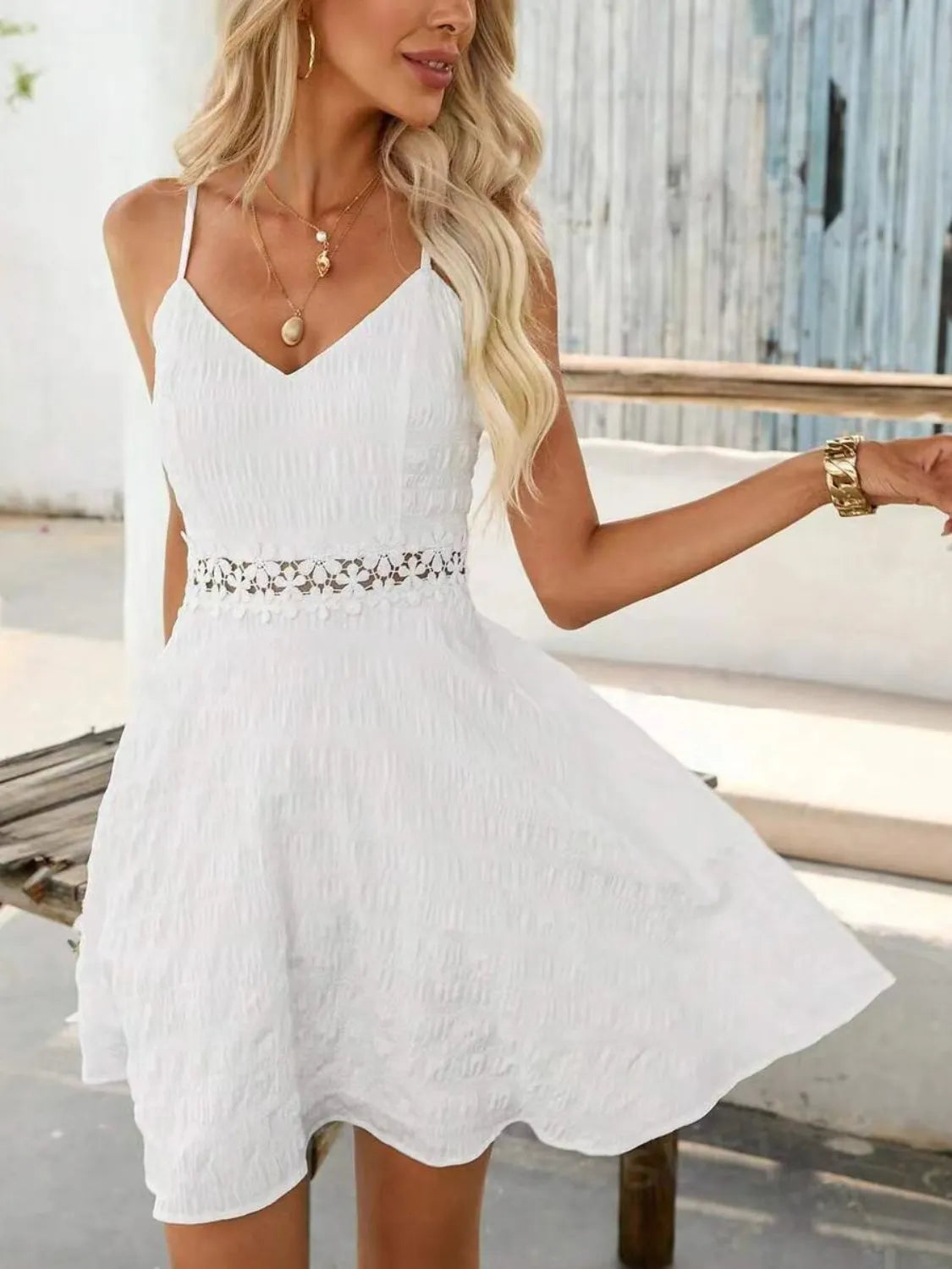 Lace Trim V-Neck Mini Cami Dress in White by Macido