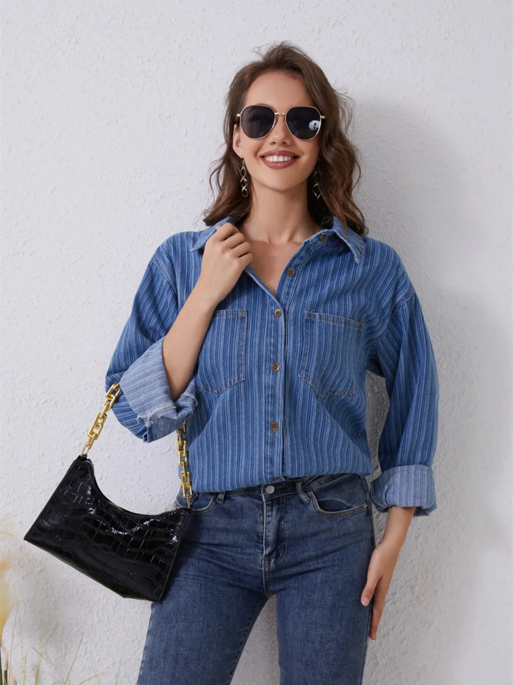 Striped Long Sleeve Denim Shirt in Medium Wash by Y.Y@Denim