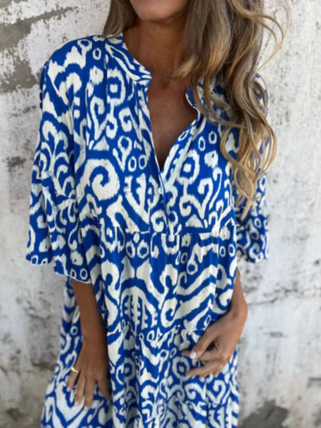 Notched Half Sleeve Printed Plus Size Dress
