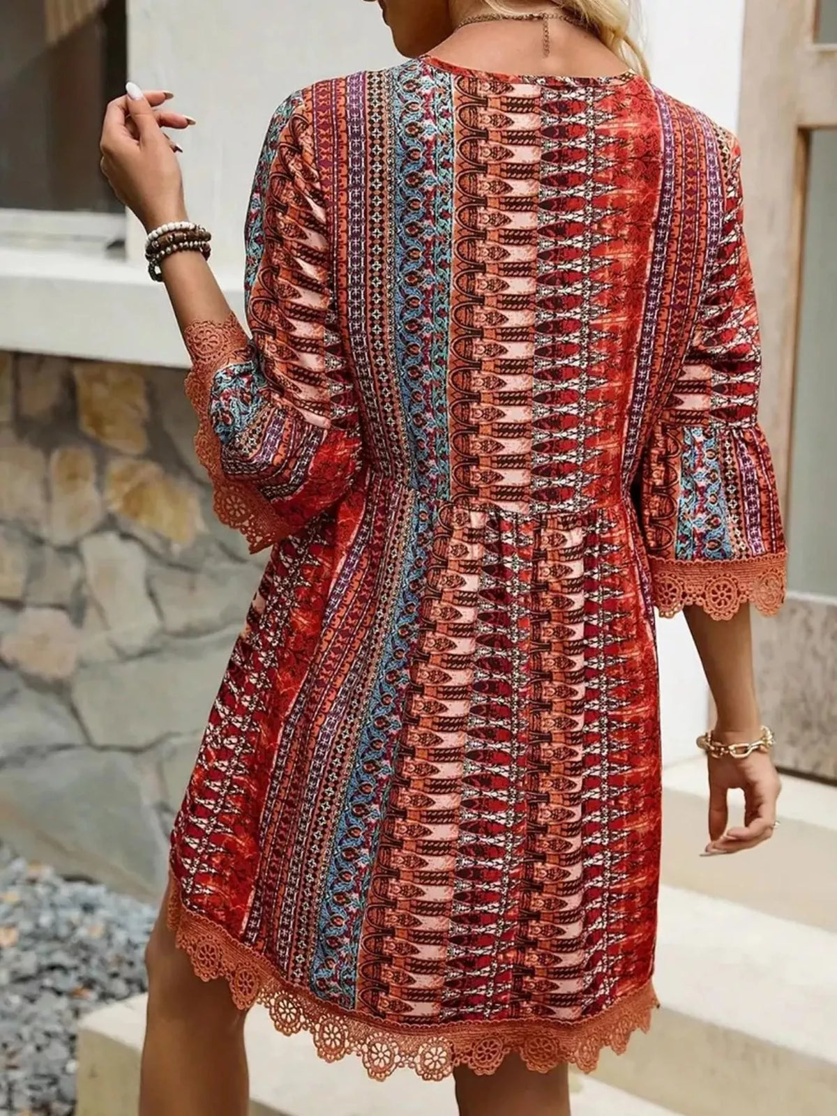 Printed V-Neck A-Line Dress with Lace Detail