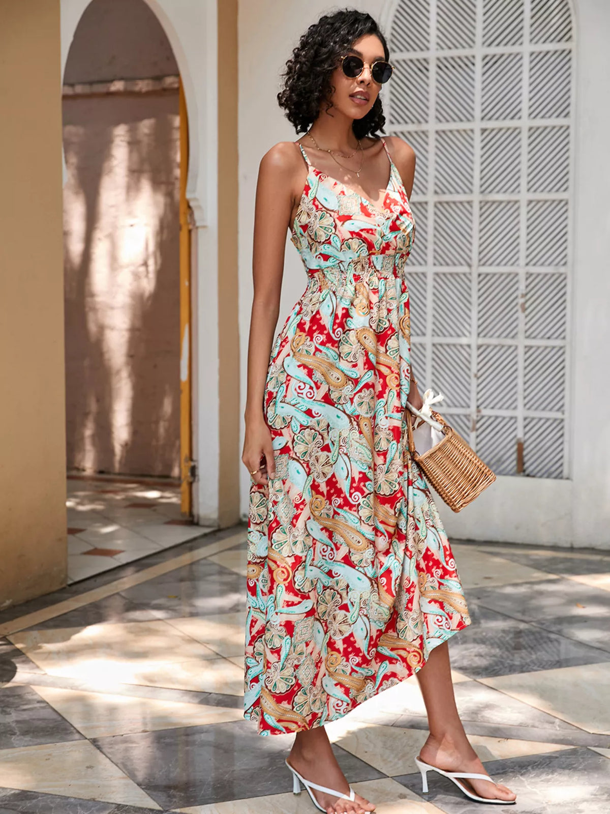 Floral Spaghetti Strap Midi Dress in Scarlet