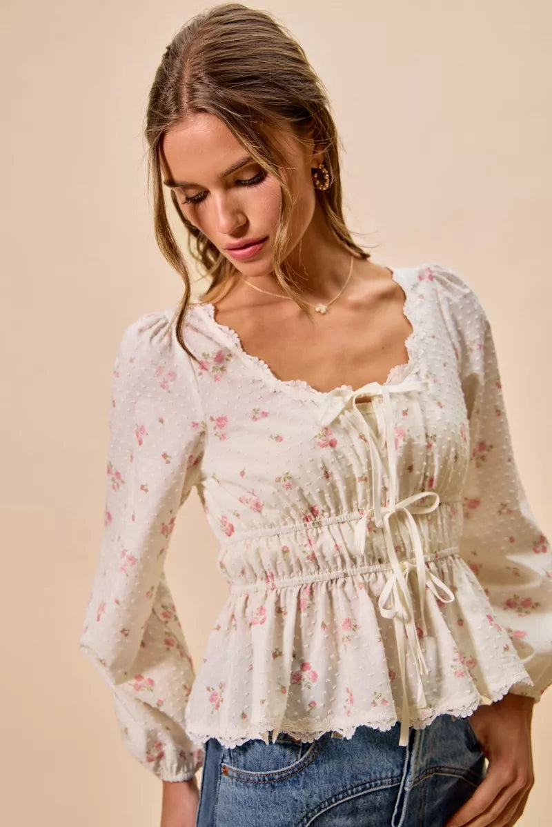 So Me Floral Clip Dot Lace Trim Blouse in White