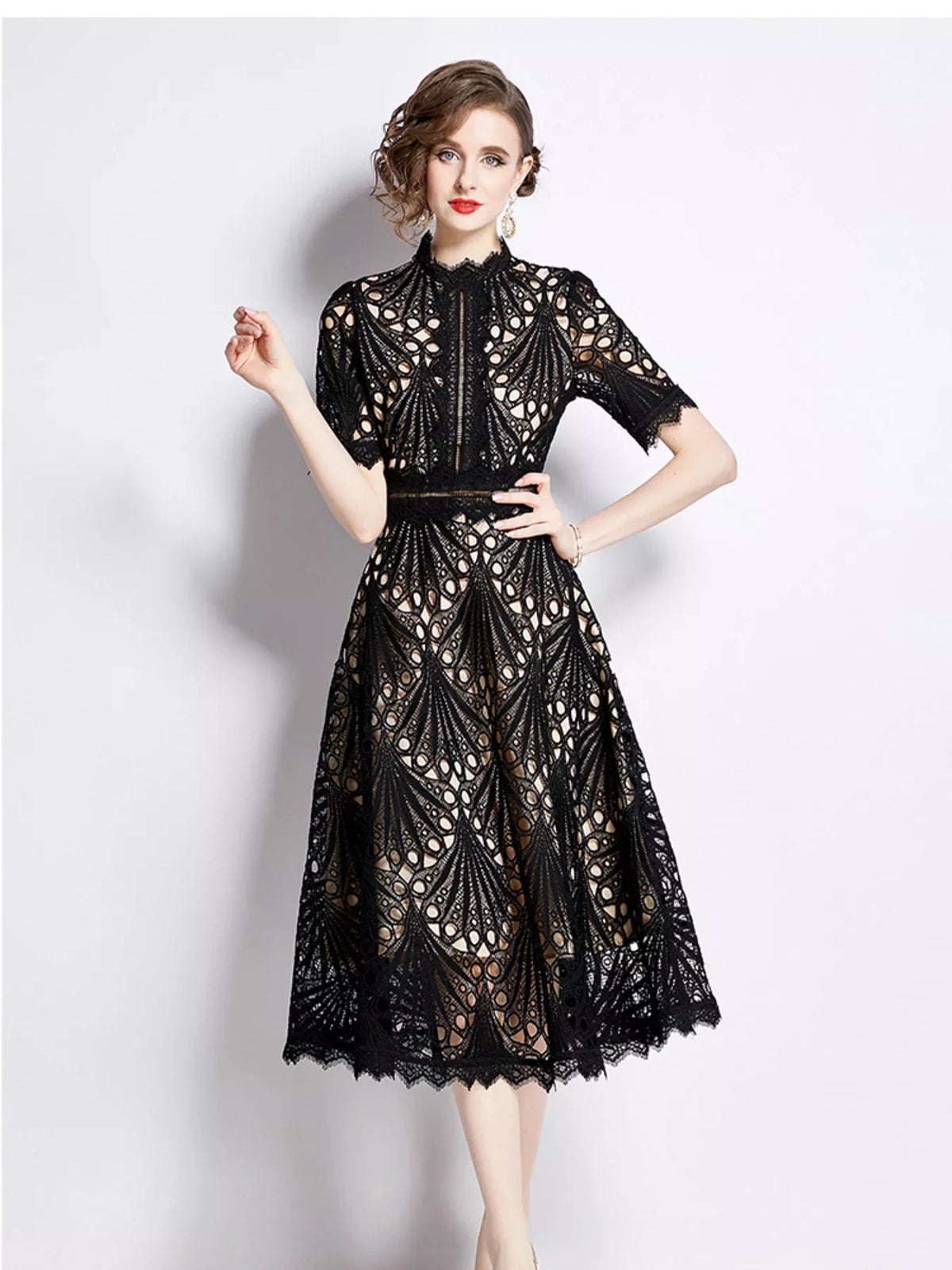 Lace Short Sleeve Midi Dress