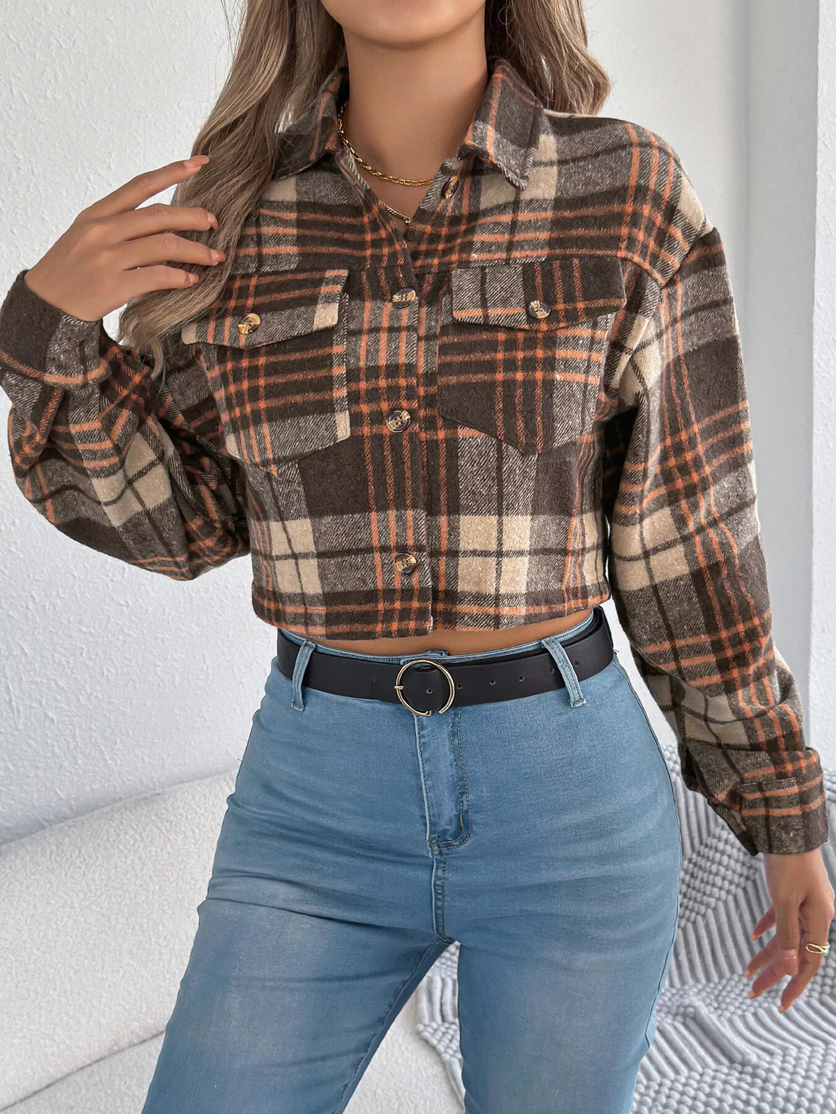 Plaid Button-Up Cropped Jacket by Clise